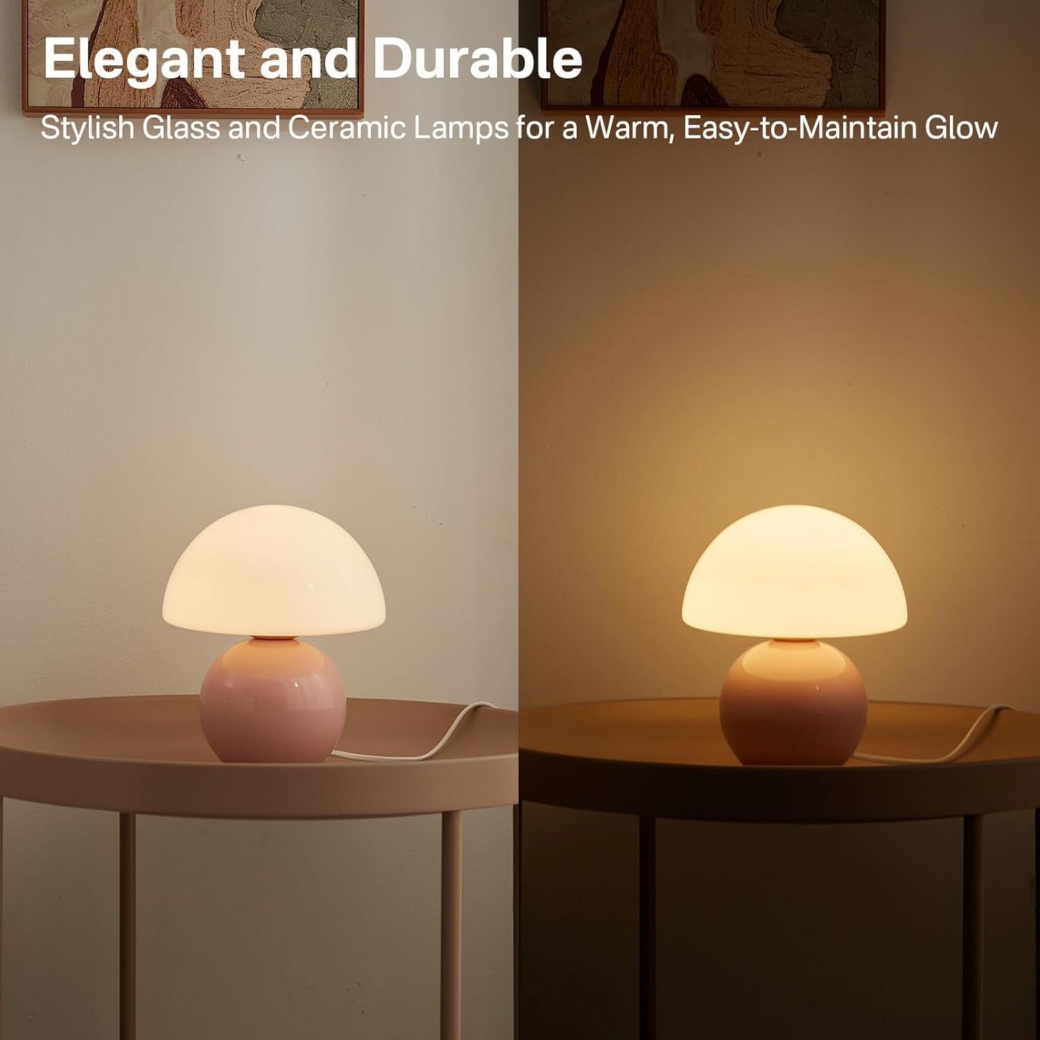 Eine rosafarbene Pilzlampe auf einem runden Tisch, leuchtet sanft.