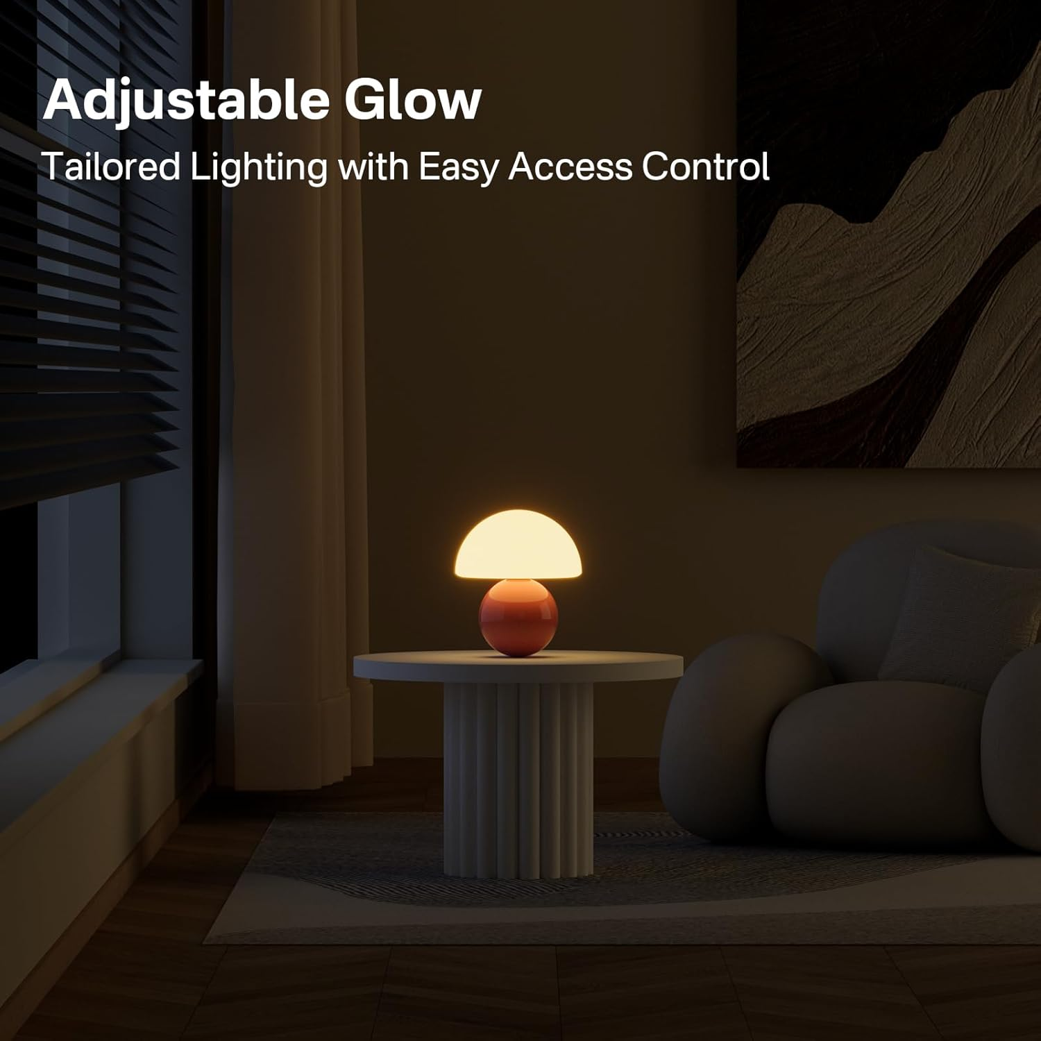 Eine orangefarbene Pilzlampe leuchtet auf einem runden Tisch neben einem Sessel.