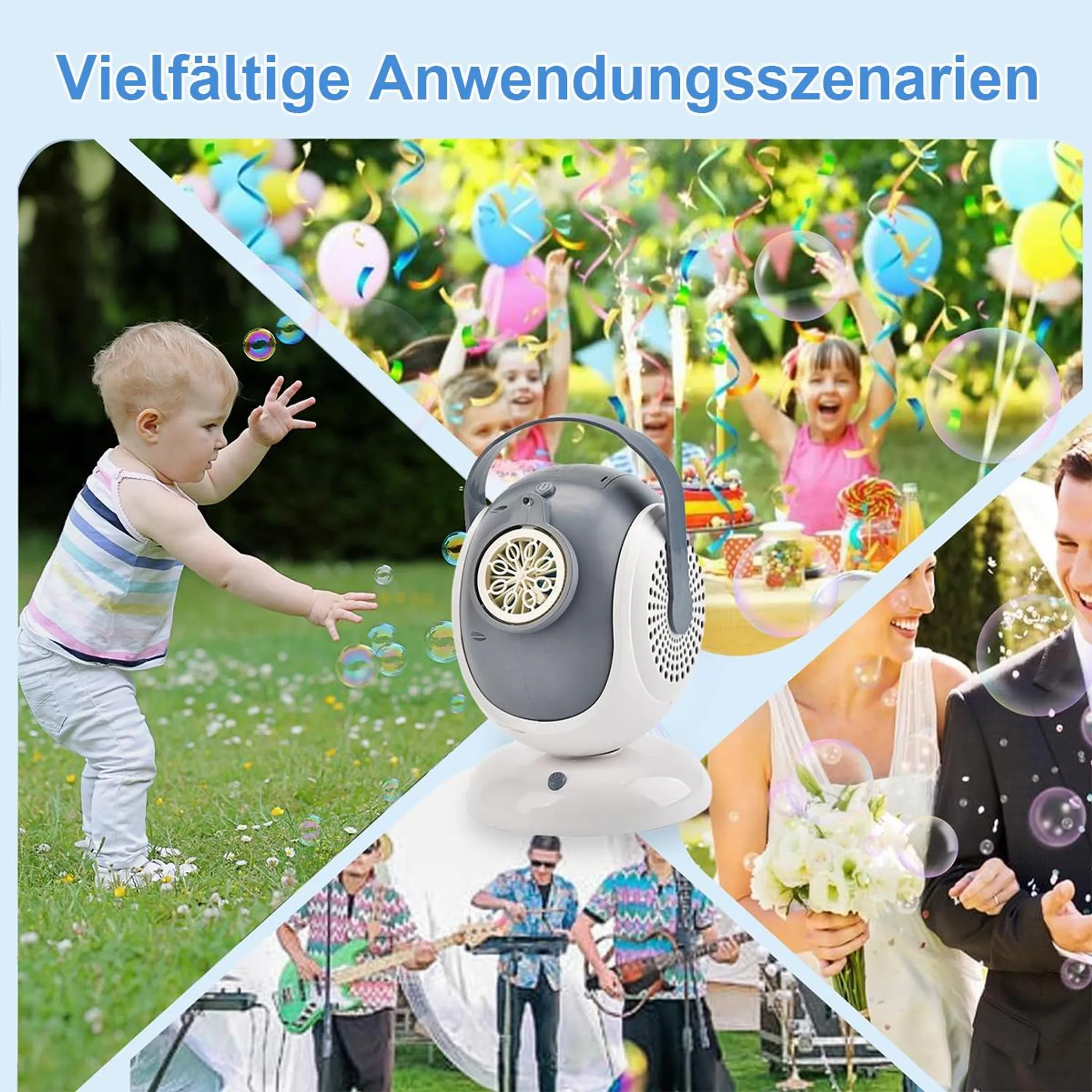 Ein Seifenblasenautomaten-Bild mit Kindern, Baby, Hochzeitspaar & Band.