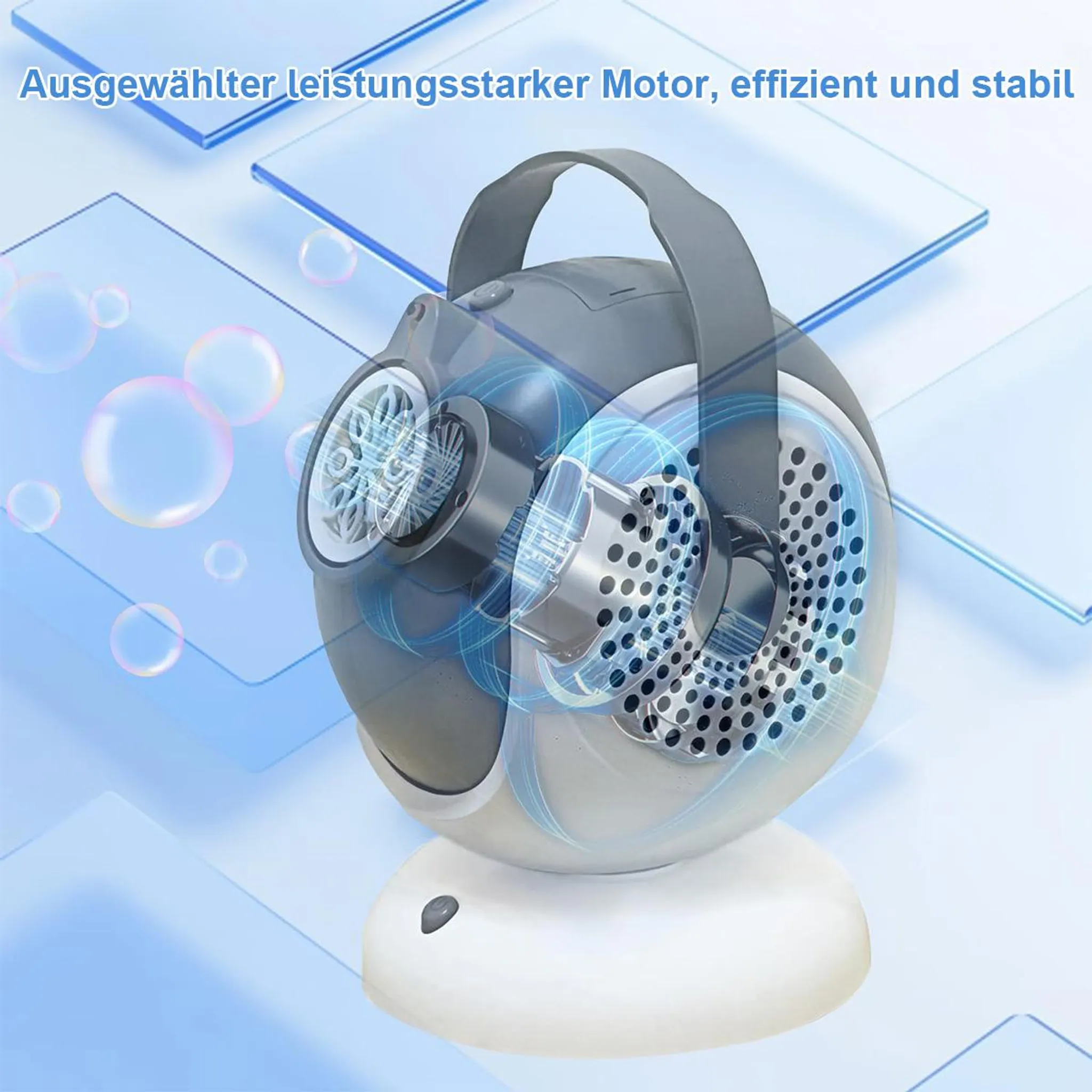 Ein leistungsstarker Motor mit Lüftern und Seifenblasen vor blauem Hintergrund.