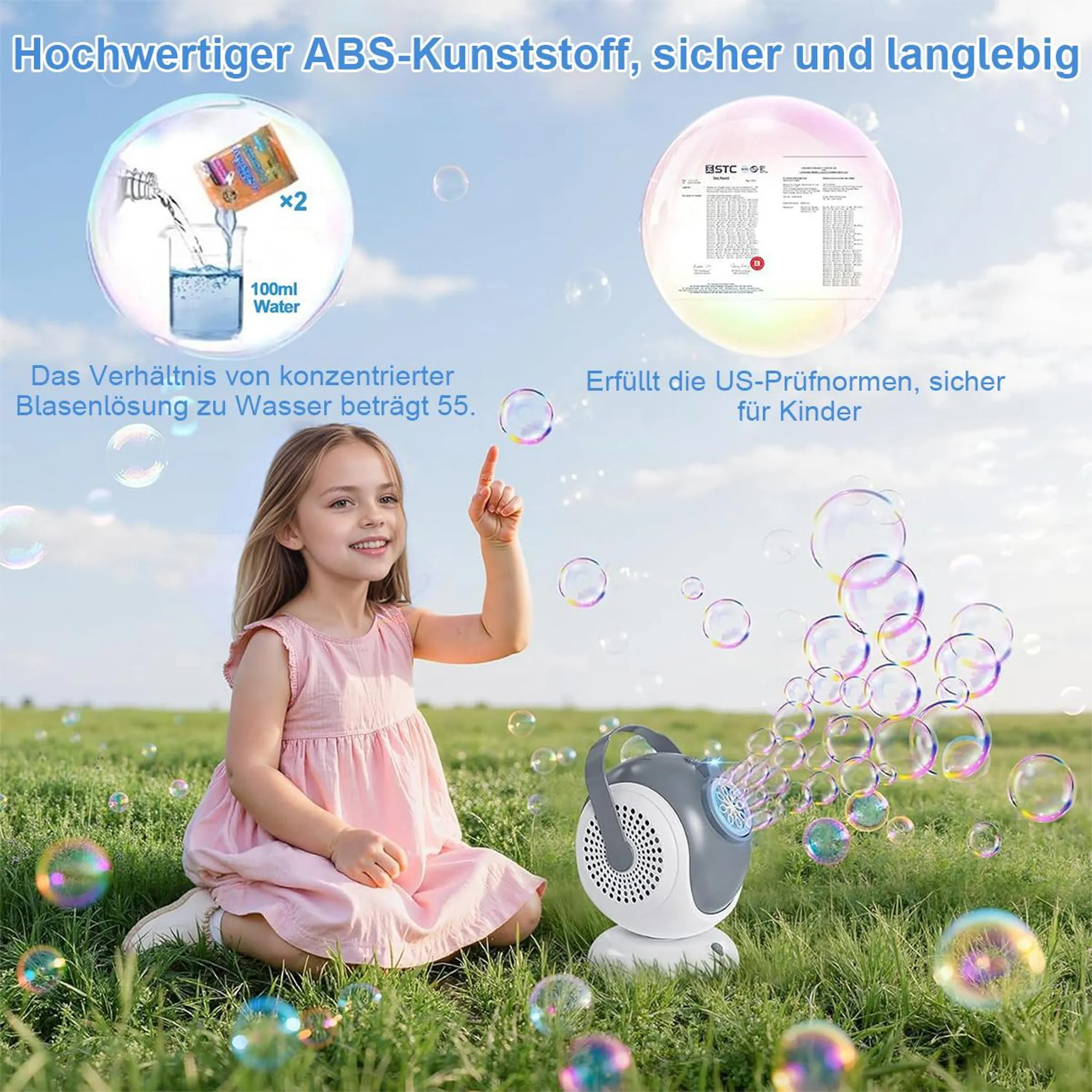 Ein Mädchen in einem rosa Kleid wirft Blasen in der Sonne.