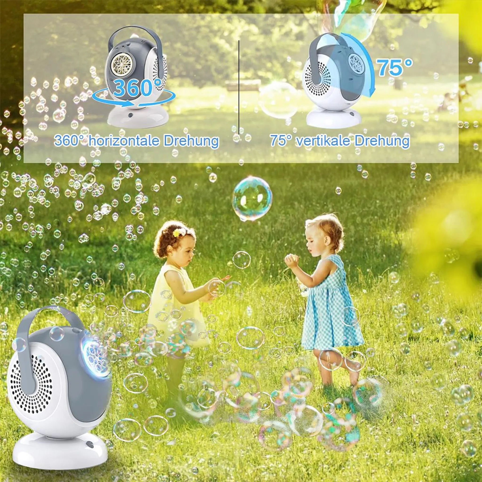 Zwei Kinder spielen im Gras mit einer Seifenblasenmaschine, die viele Blasen erzeugt.