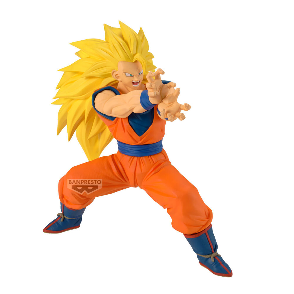 Eine Actionfigur von Goku mit langen gelben Haaren, der einen orangefarbenen Anzug trägt.