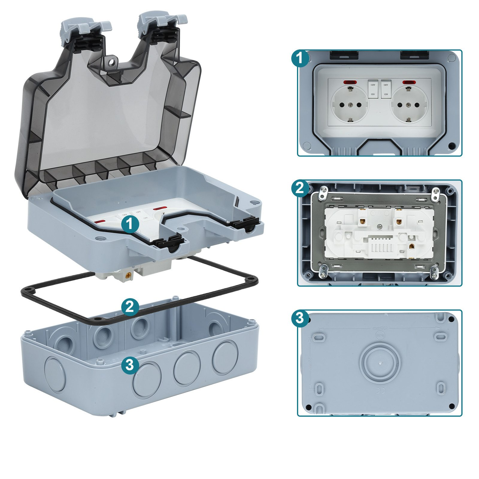 Ein zerlegter grauer wasserdichter Stecker mit zwei Steckdosen und Schaltern.
