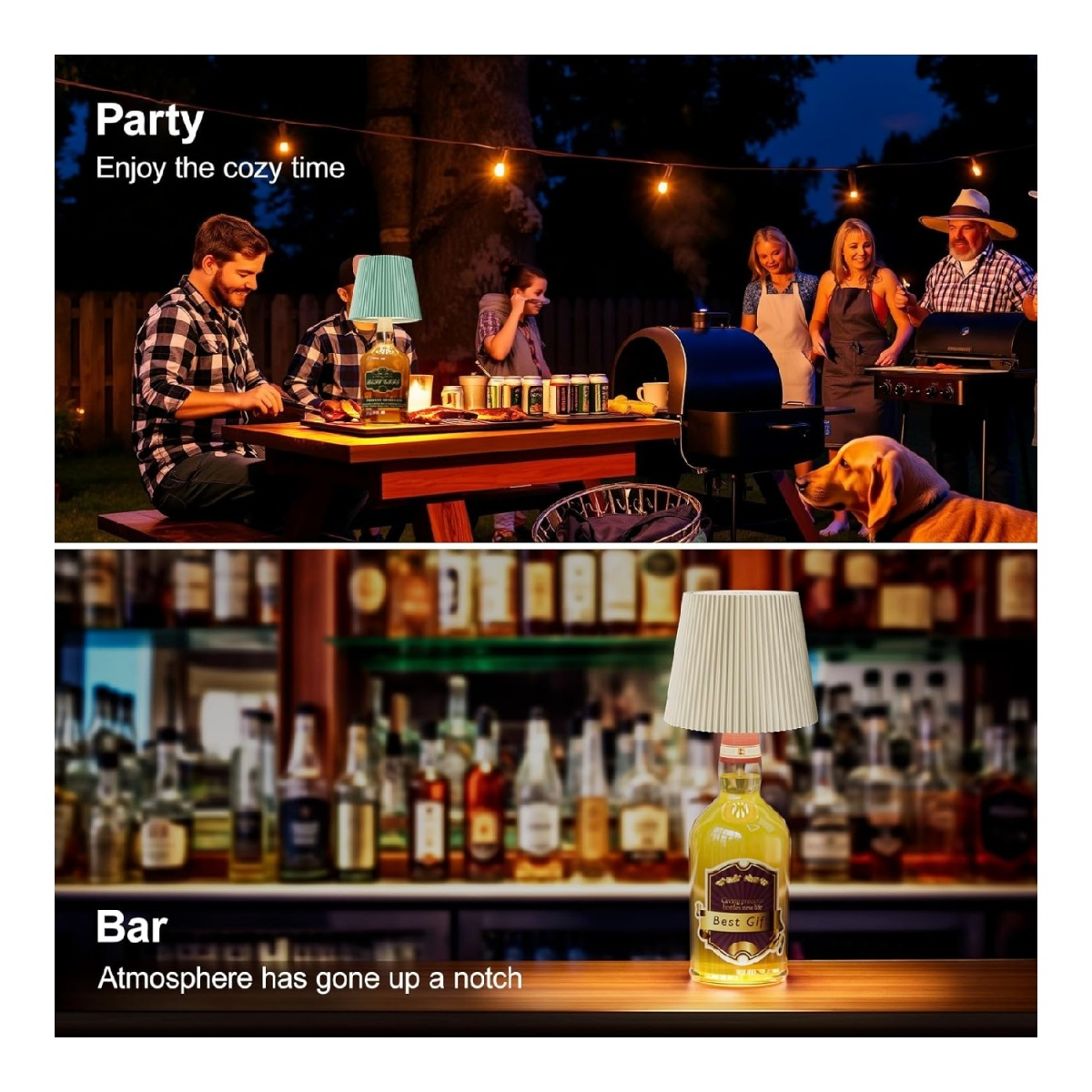 Oben: Party im Freien mit Grill und Leuten. Unten: Bar mit Flaschenlampe.