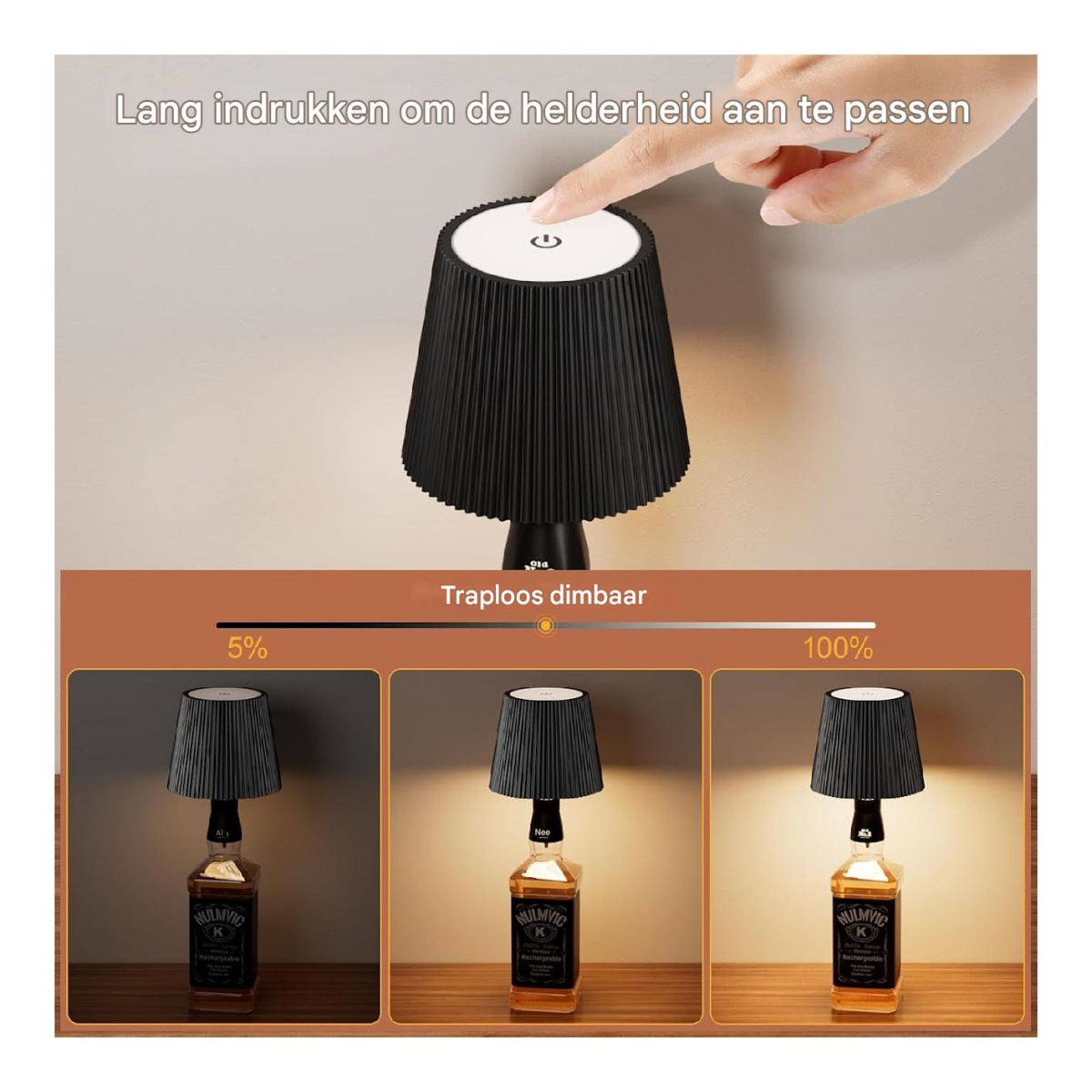 Eine Lampe mit schwarzem Schirm auf einer Flasche, Helligkeit einstellbar.