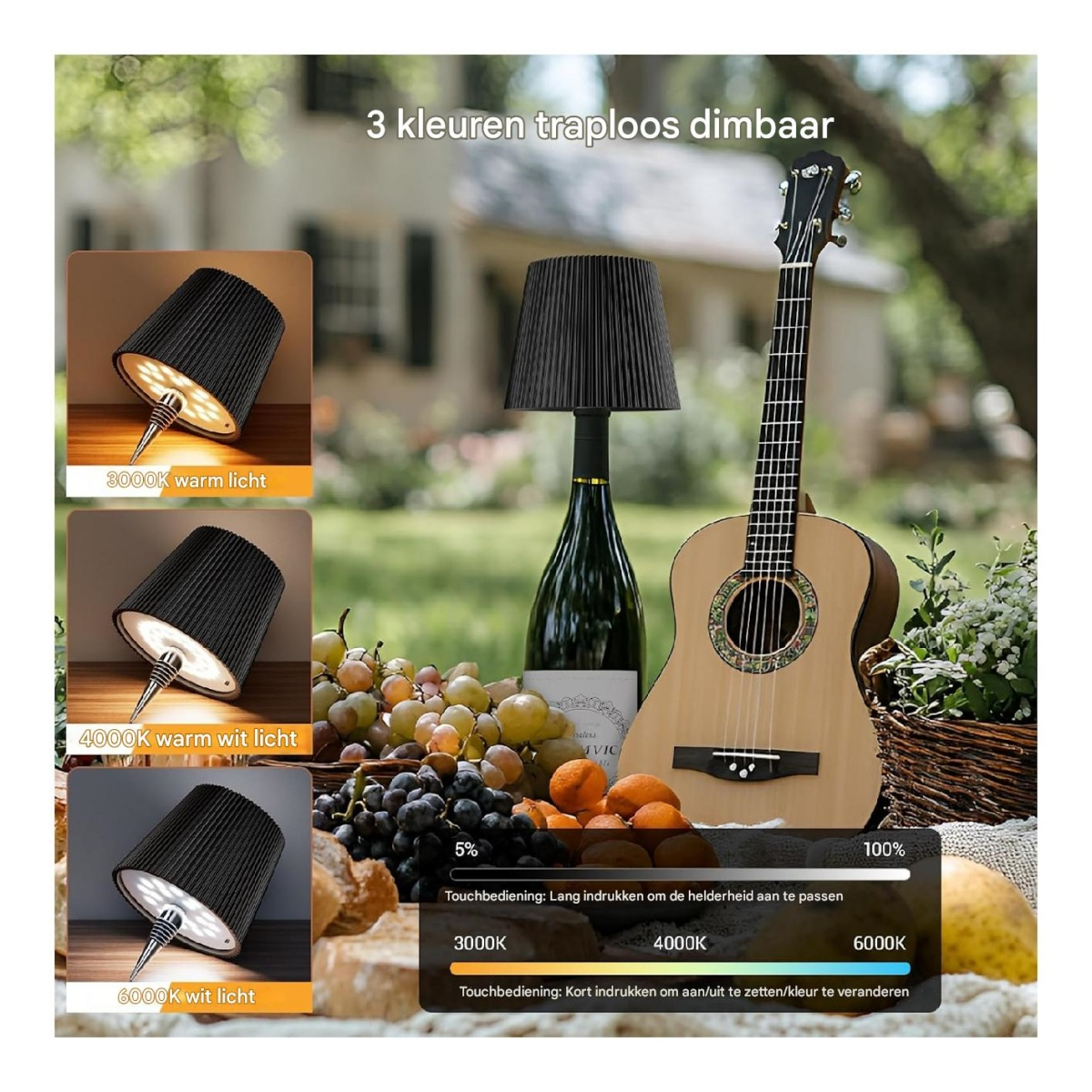 Dreifarbige, stufenlos dimmbare Lampe auf Weinflasche, daneben Gitarre, Obst und Haus.