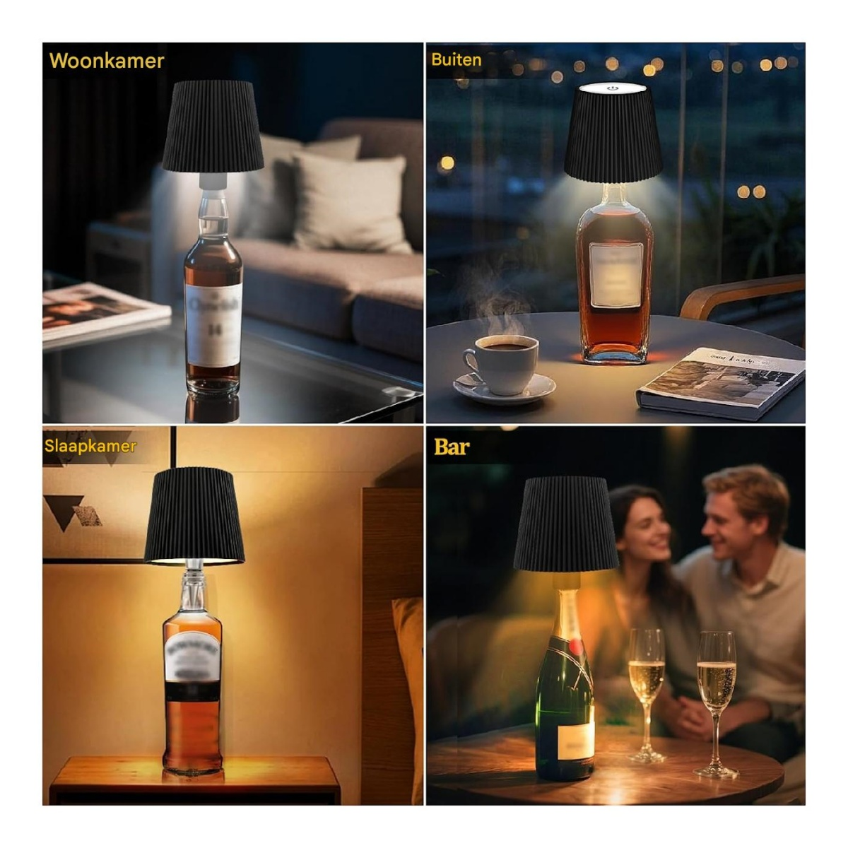 Vier Szenen zeigen eine Lampe aus einer Flasche: Wohnzimmer, draußen, Schlafzimmer, Bar.