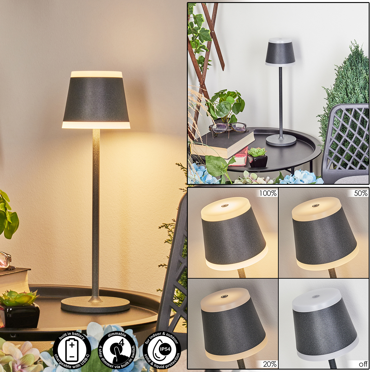 Graue Tischlampe mit dimmbarem Licht, ideal für drinnen und draußen.