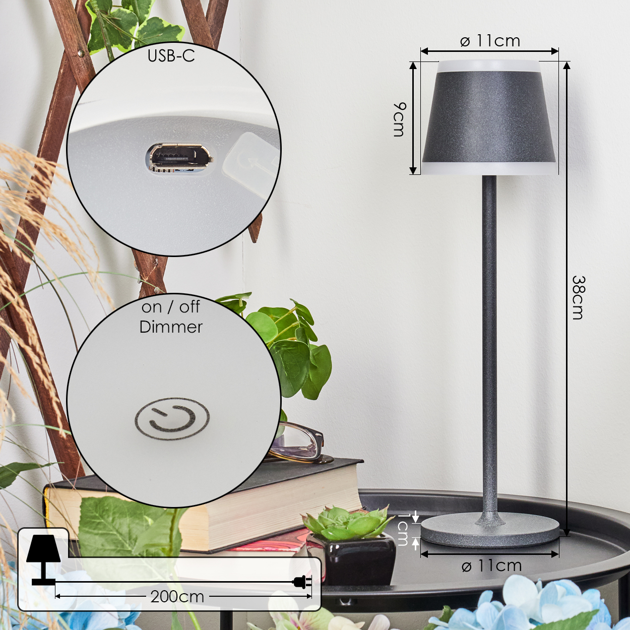 Graue Lampe mit USB-C und Dimmer, 38cm hoch, 11cm Durchmesser.
