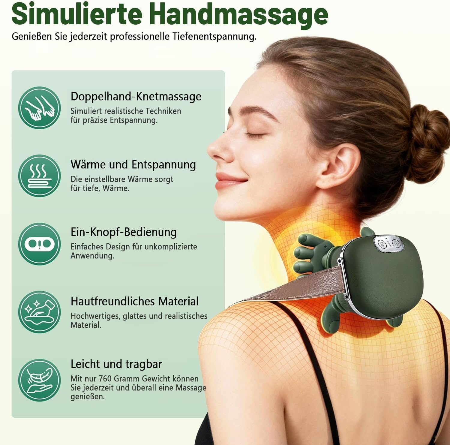 Frau mit Nackenmassagegerät, das realistische Handknetmassage und Wärme bietet.