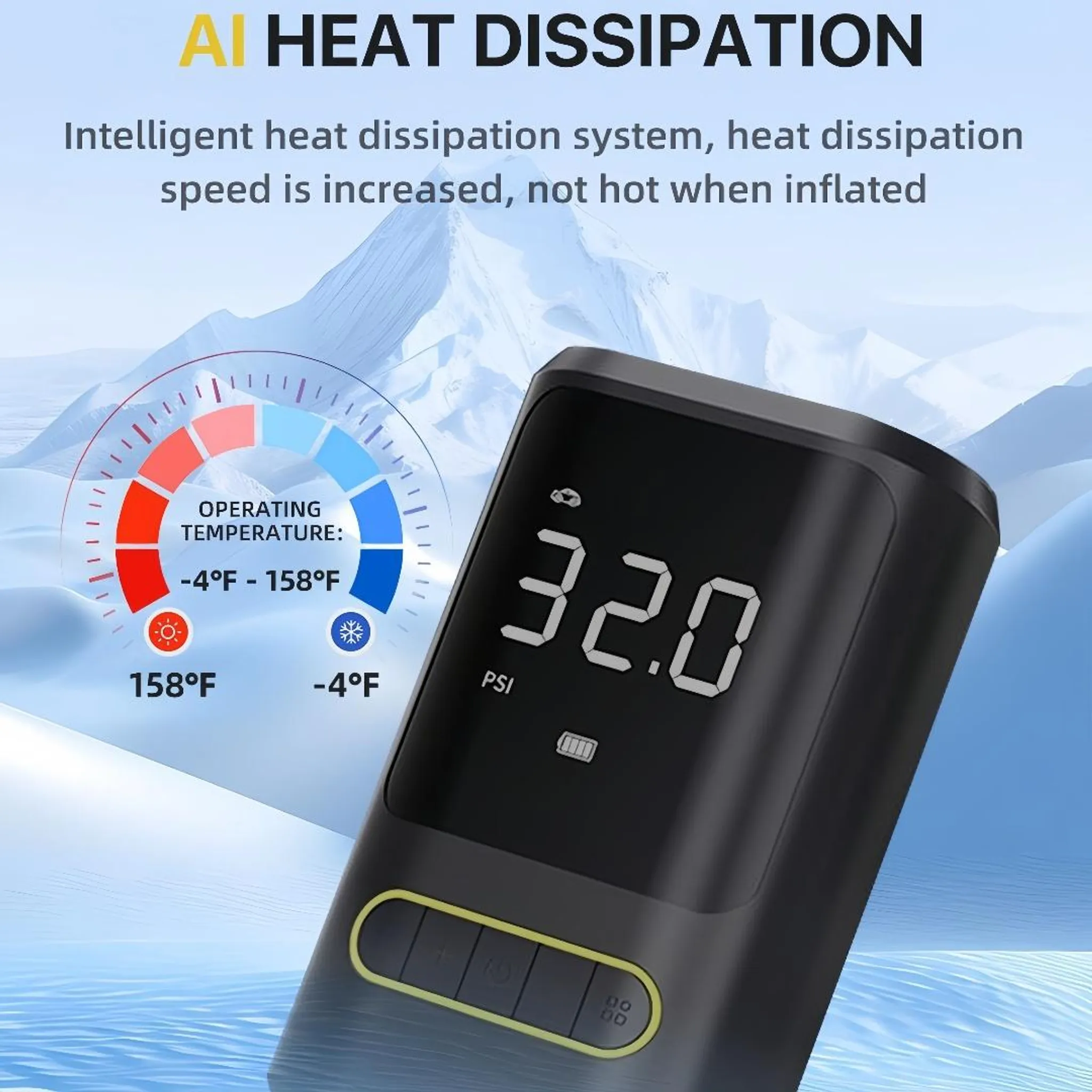 Digitalanzeige eines Reifenfüllers zeigt 32.0 PSI, daneben ein Thermometer.