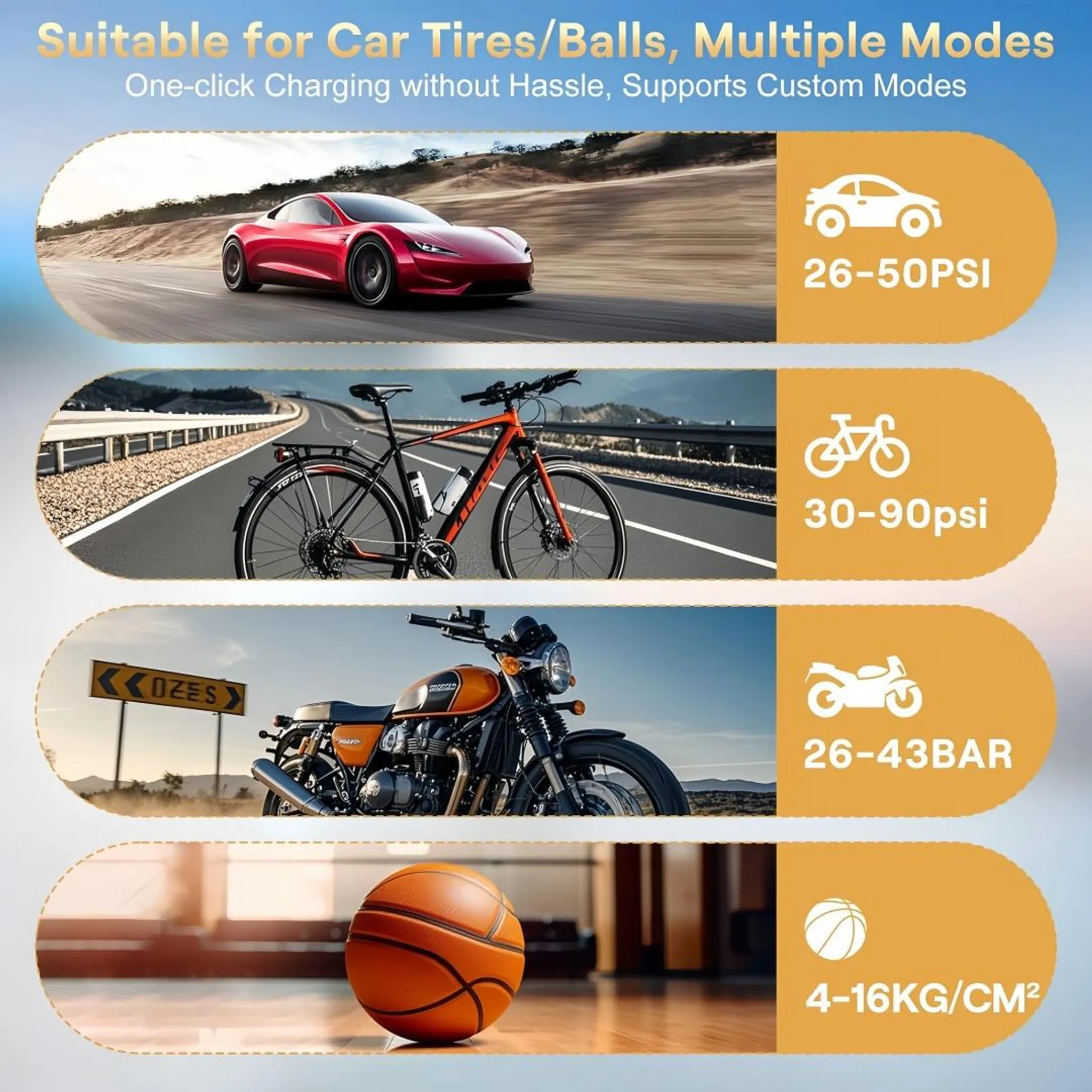 Ein rotes Auto, ein Fahrrad, ein Motorrad und ein Basketball mit Druckangaben.