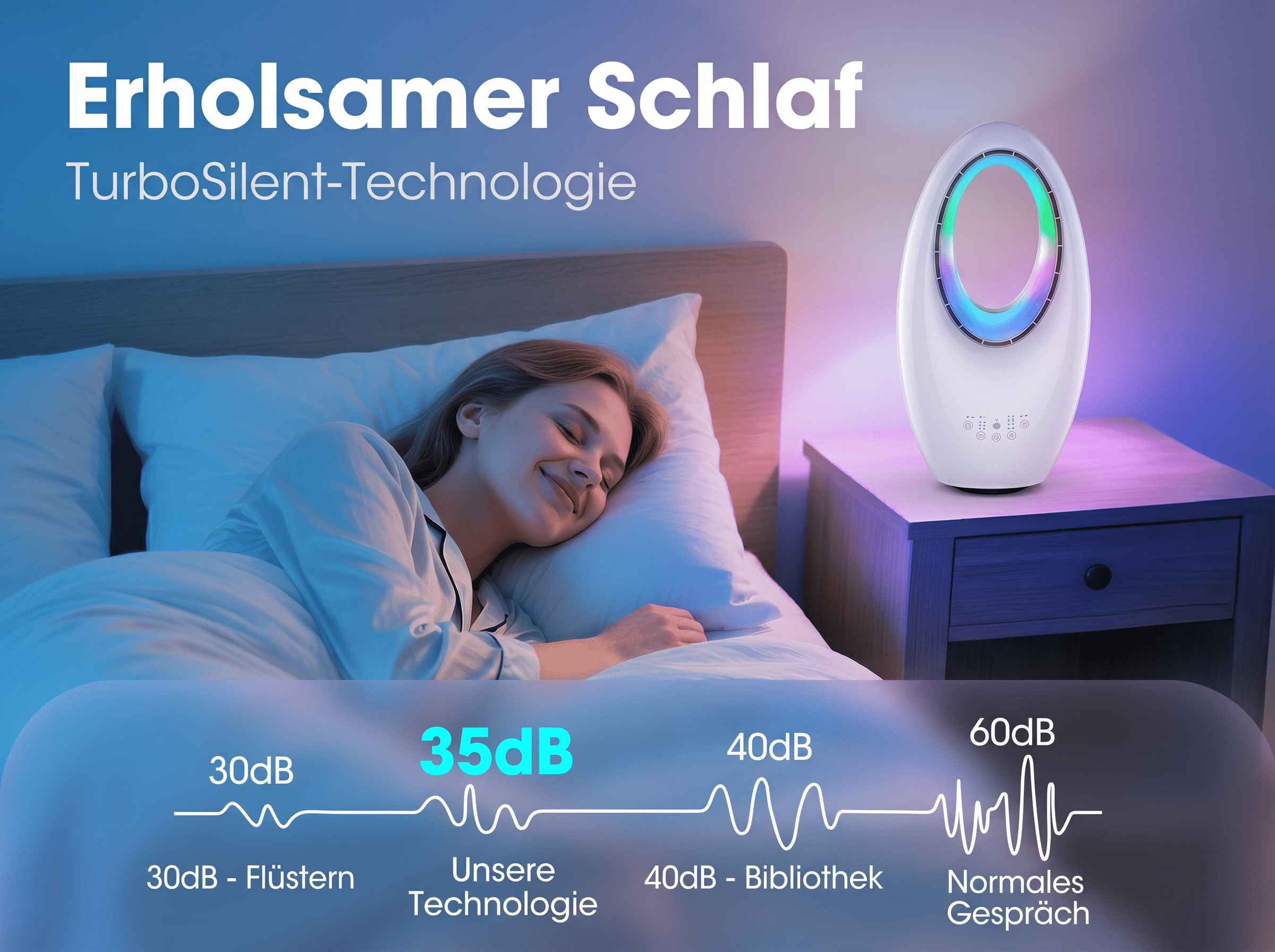 Frau schläft im Bett, ein Gerät mit Lichteffekten steht auf dem Nachttisch.