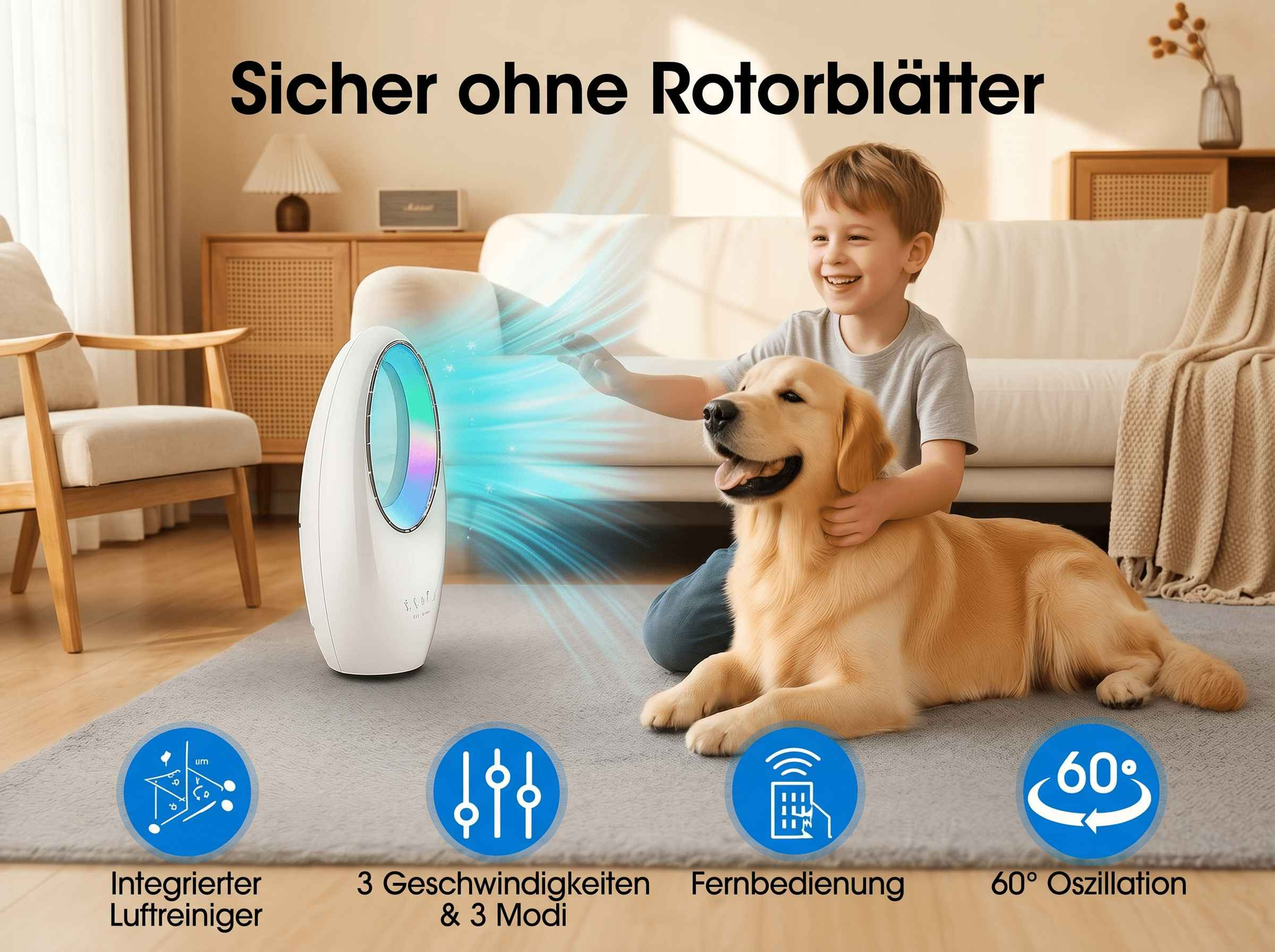 Ein Junge und ein Hund genießen die Luft eines blattlosen Ventilators mit integriertem Luftreiniger.