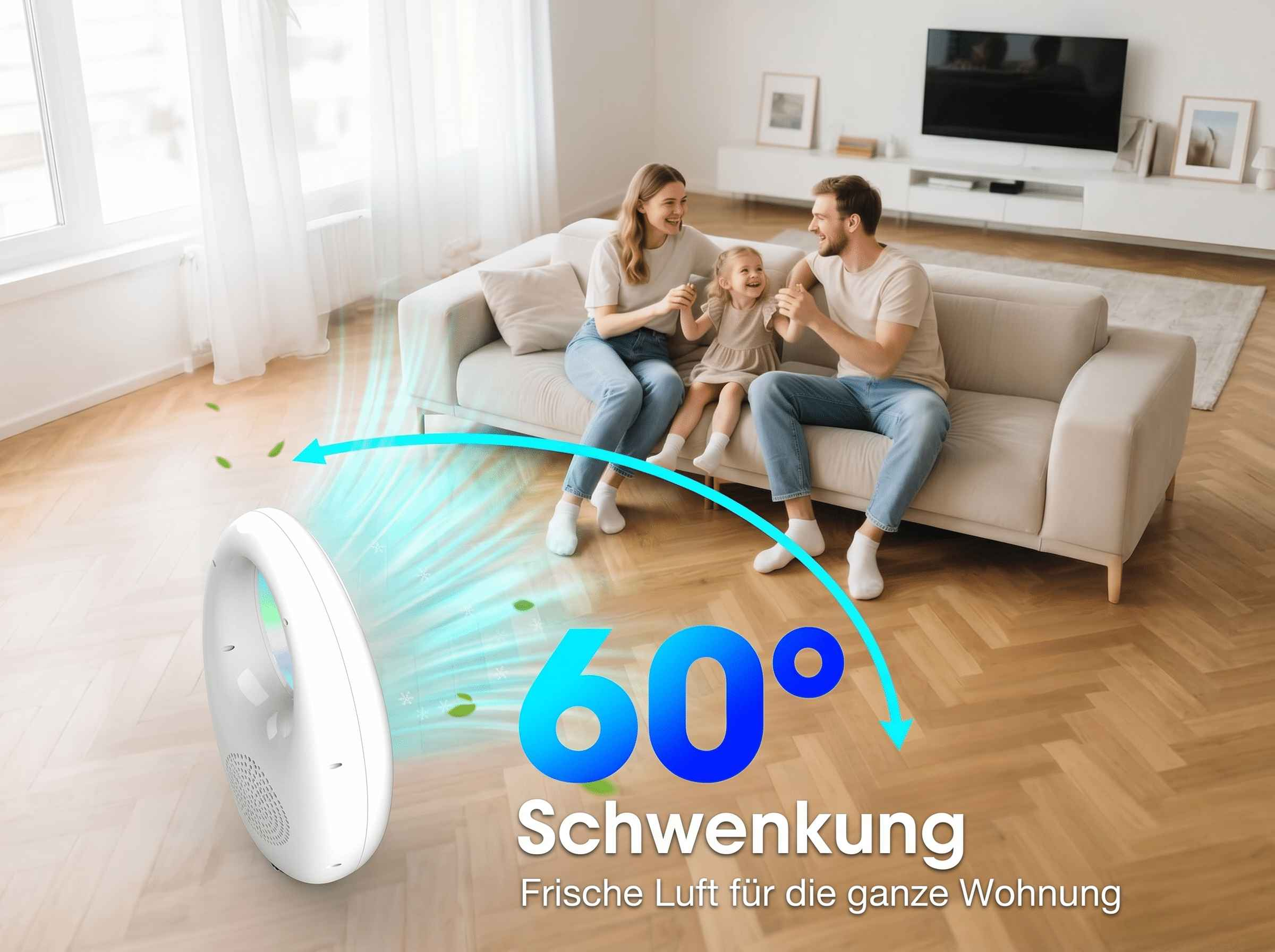 Ein weißer Luftreiniger verteilt mit einem 60°-Schwenk frische Luft in einem Wohnzimmer.
