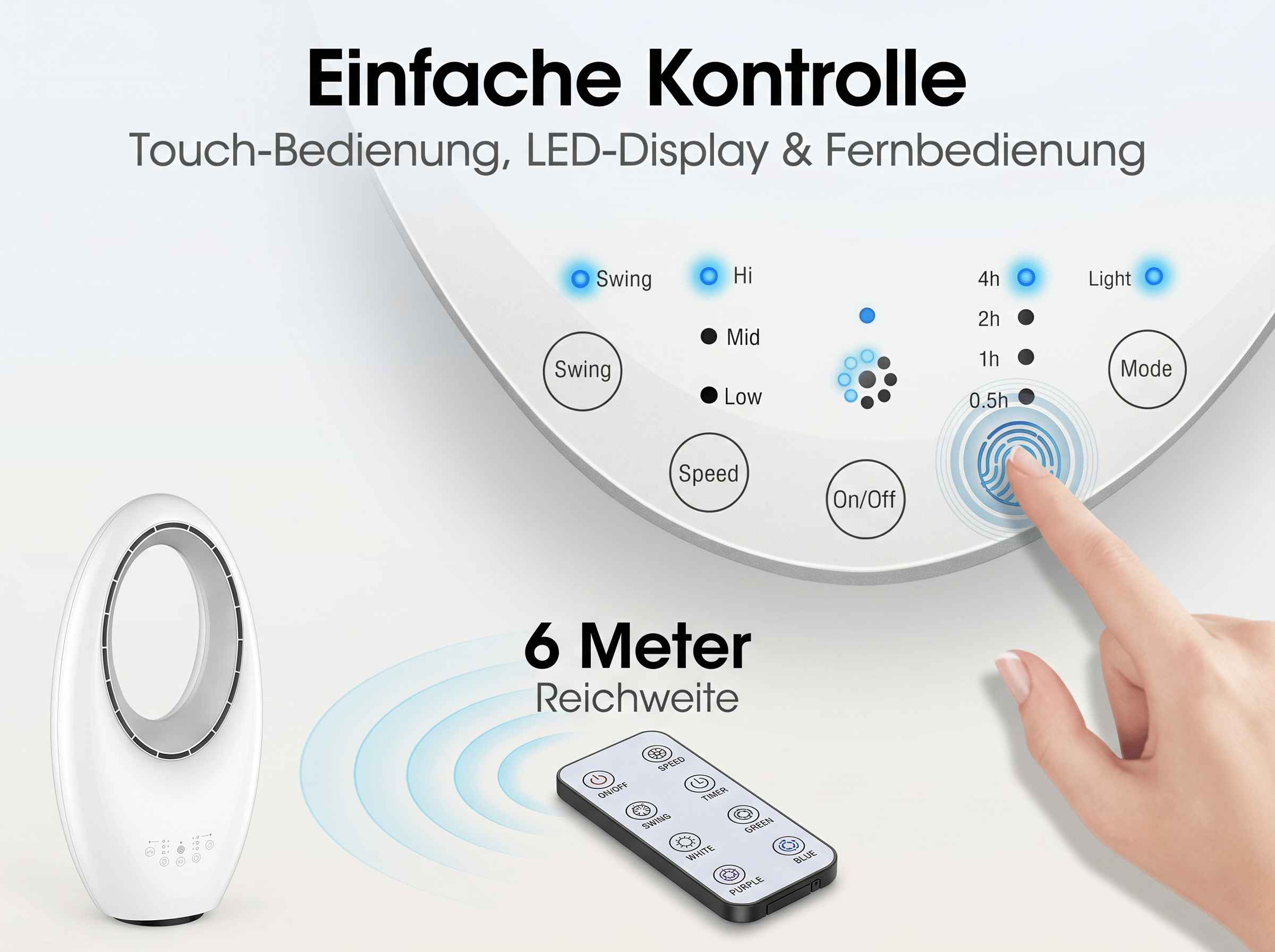 Ein weißer Turmventilator mit Fernbedienung und Touch-Display.