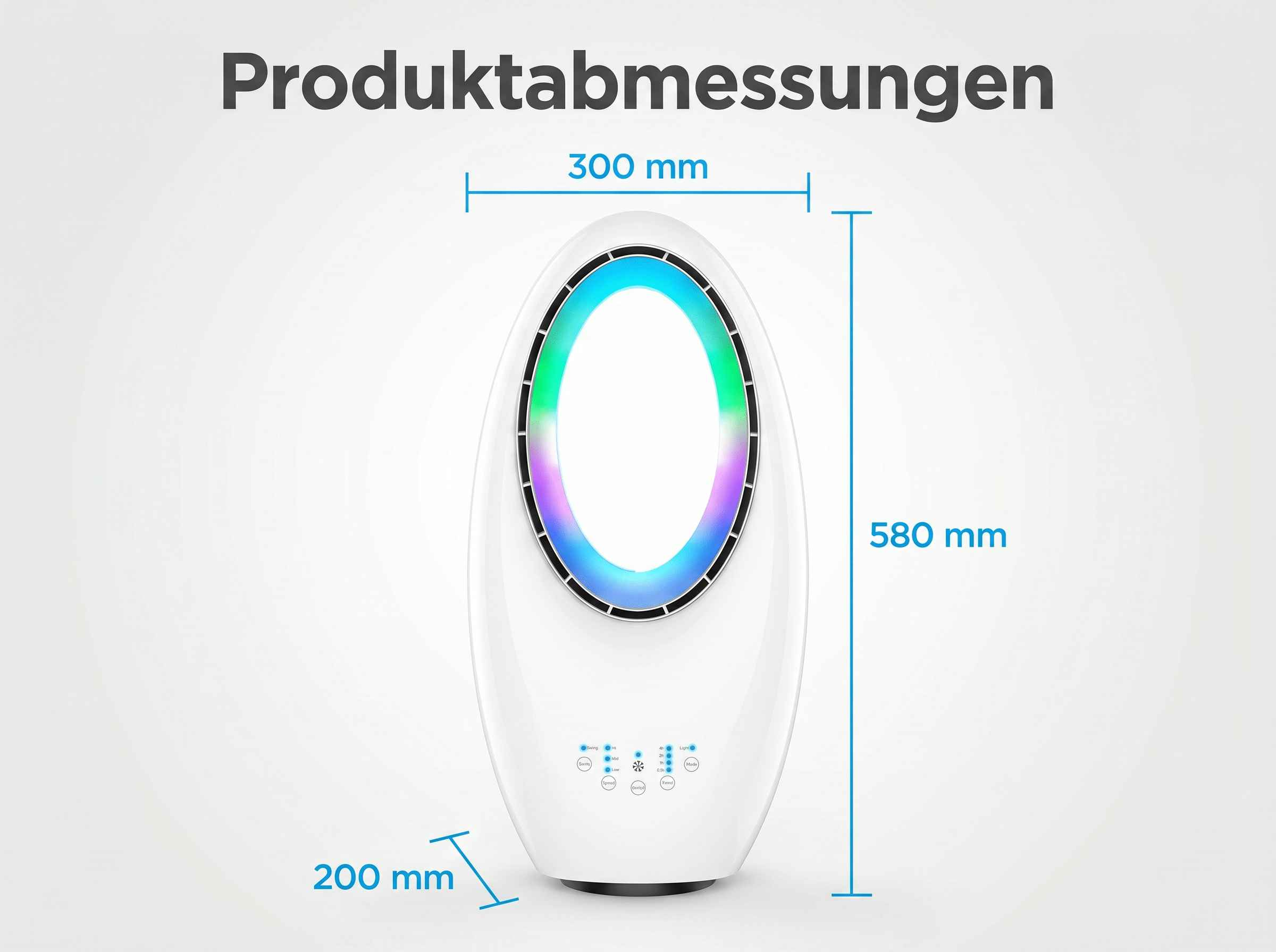 Ein weißes Gerät mit Maßen 300x200x580mm und einem beleuchteten Ring.
