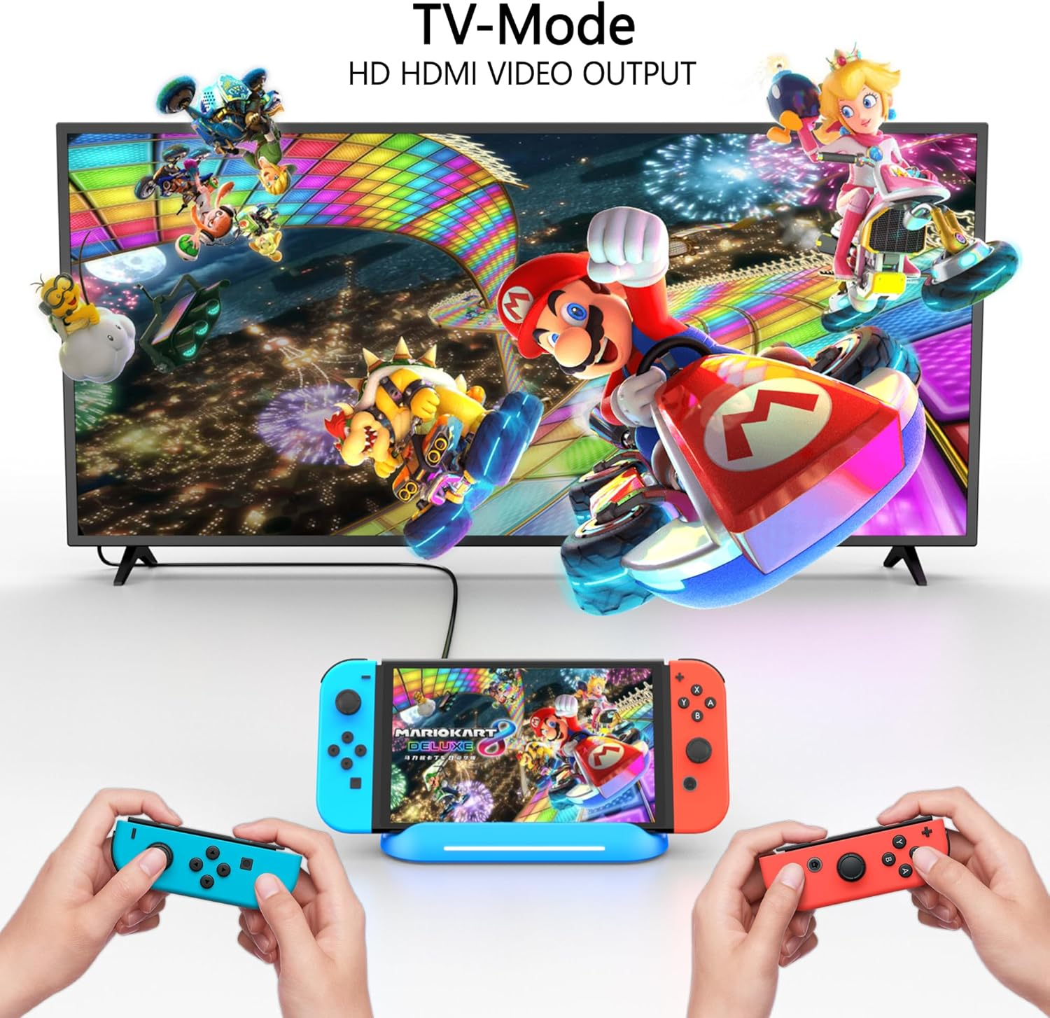Mario Kart auf einem Fernseher, Switch-Konsole und Joy-Cons.