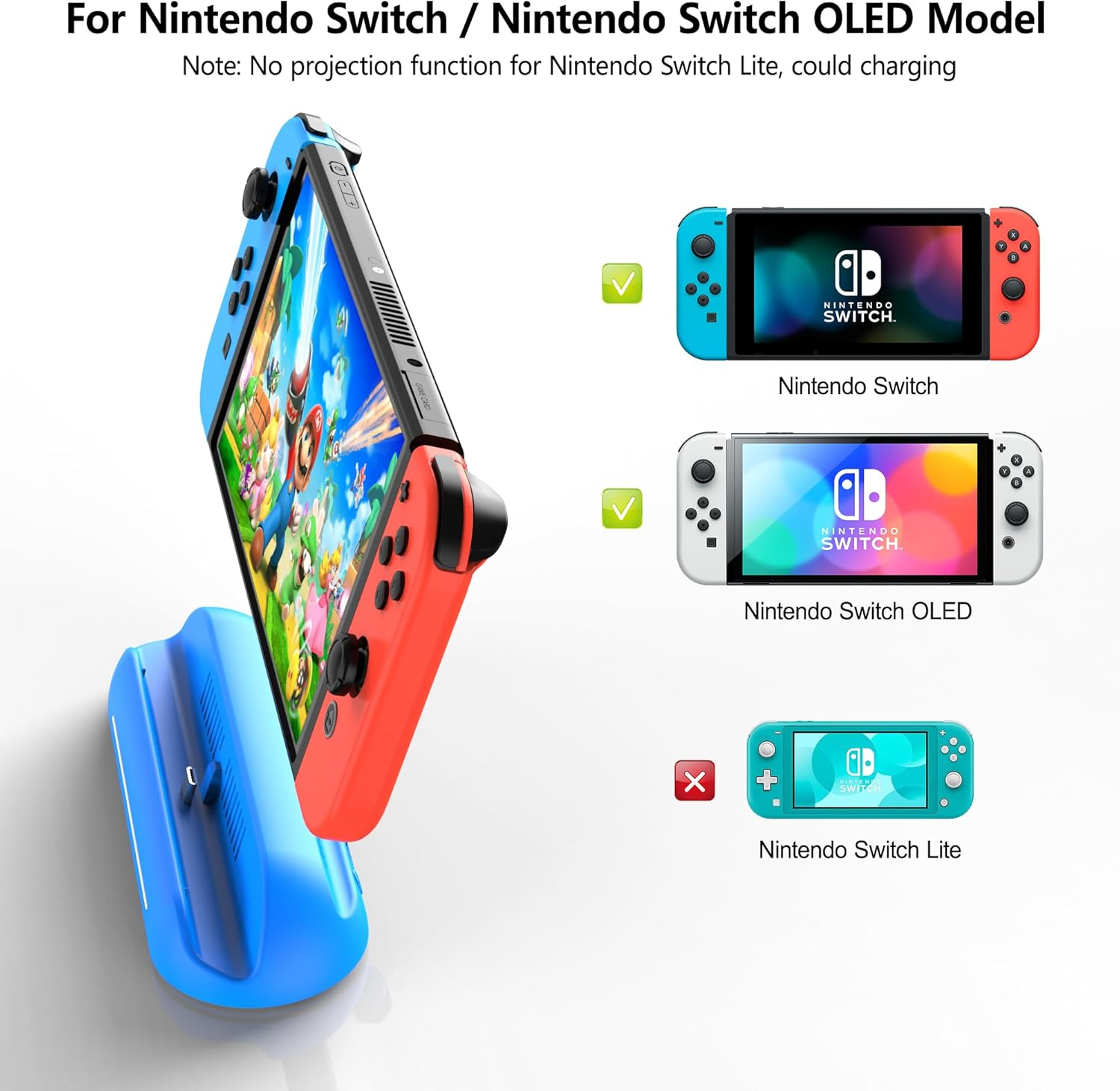 Nintendo Switch, OLED und Lite Konsolen mit blauer Ladestation.