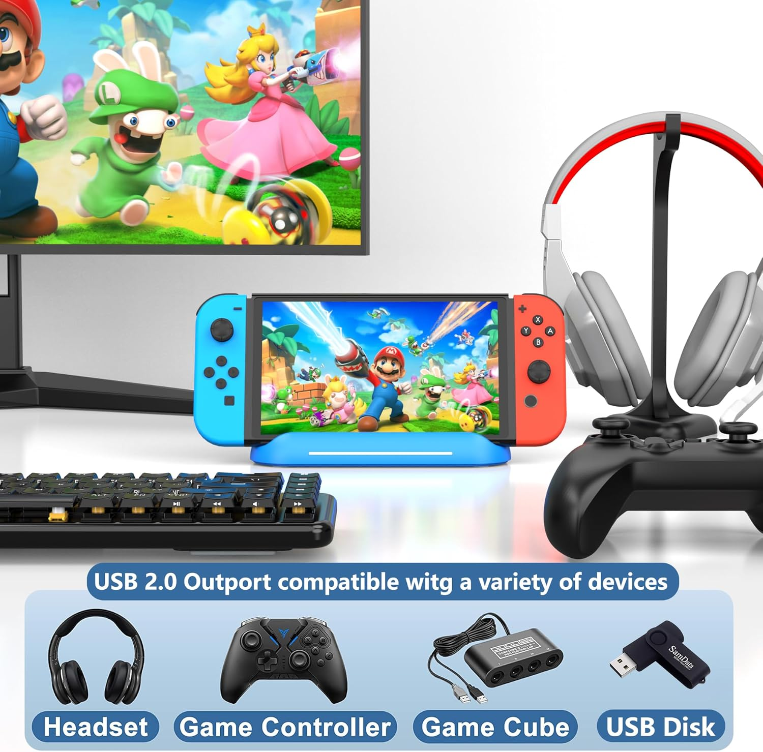 Mario-Spiel auf dem Bildschirm, Nintendo Switch, Kopfhörer, Controller, Tastatur, USB-Hub, USB-Stick.