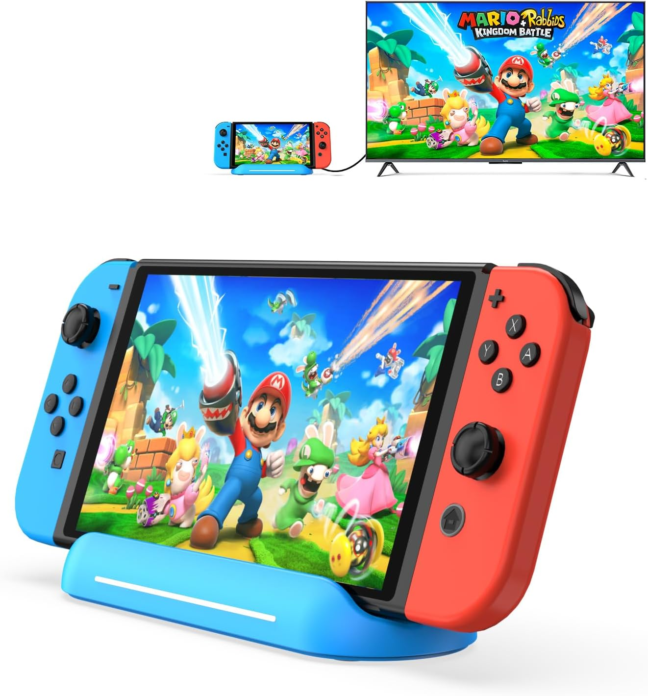Nintendo Switch Konsole im Dock mit Mario Rabbids Spiel auf Fernseher und Handheld.