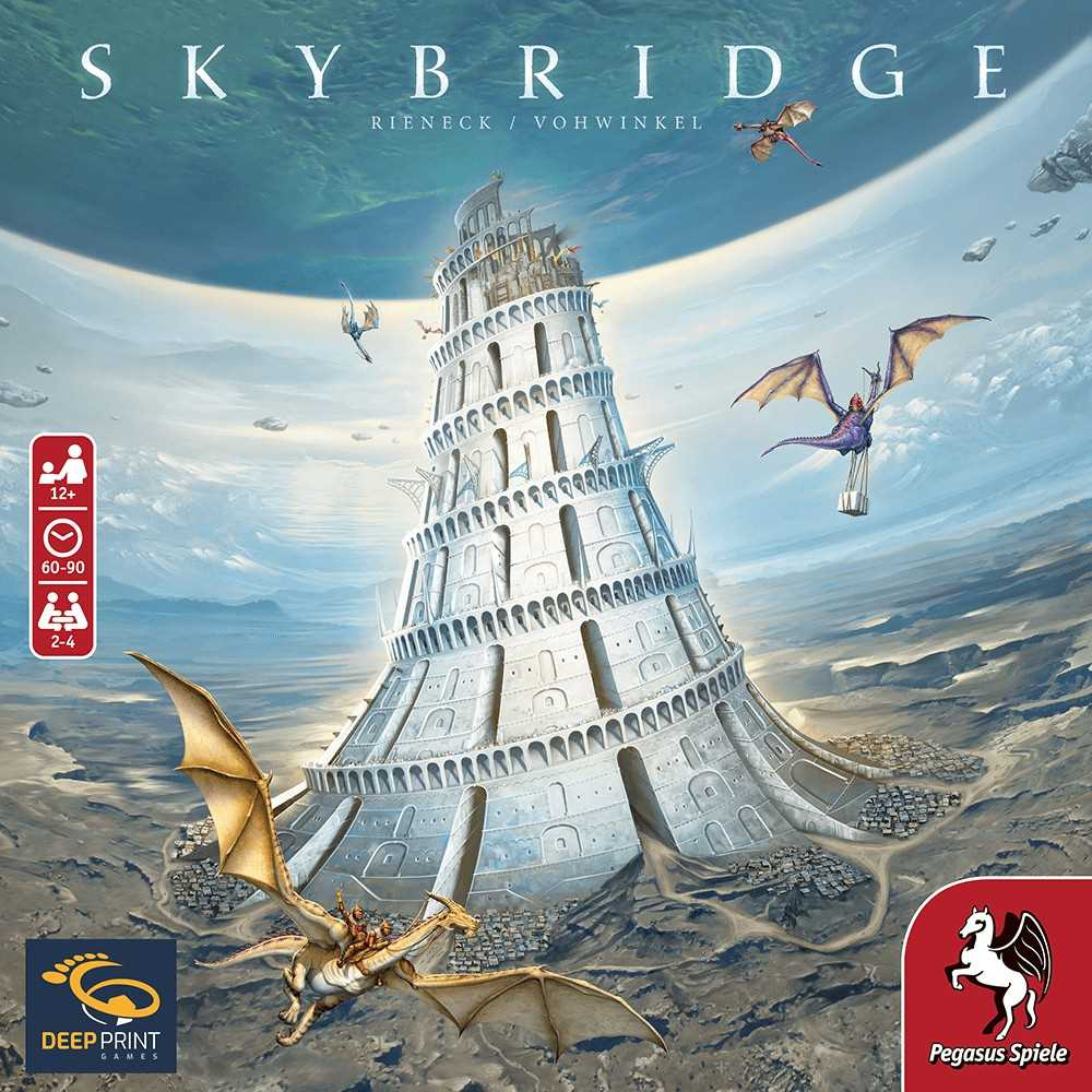 Ein bizarrer, weißer Turm ragt in den Himmel, umgeben von Wolken und fliegenden Drachen.