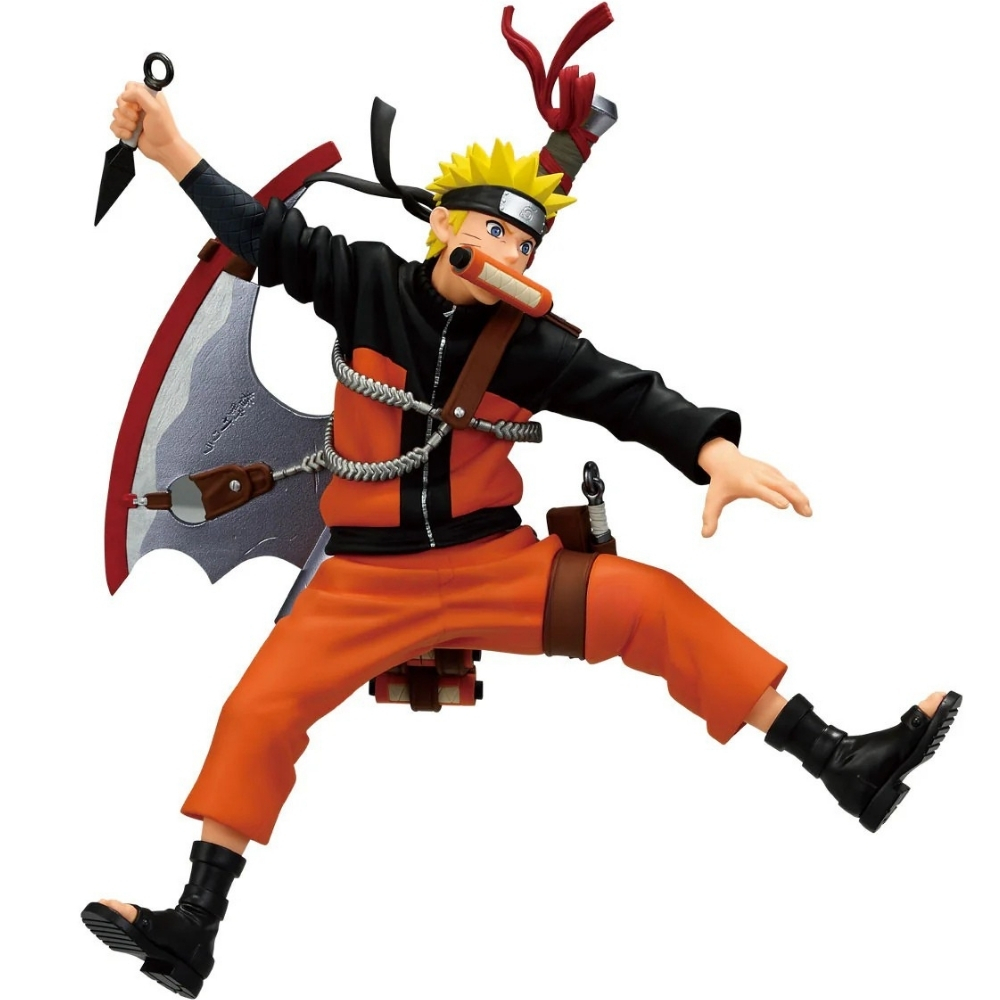 Action figure di Naruto Uzumaki in abiti arancioni, con kunai e spada grande.
