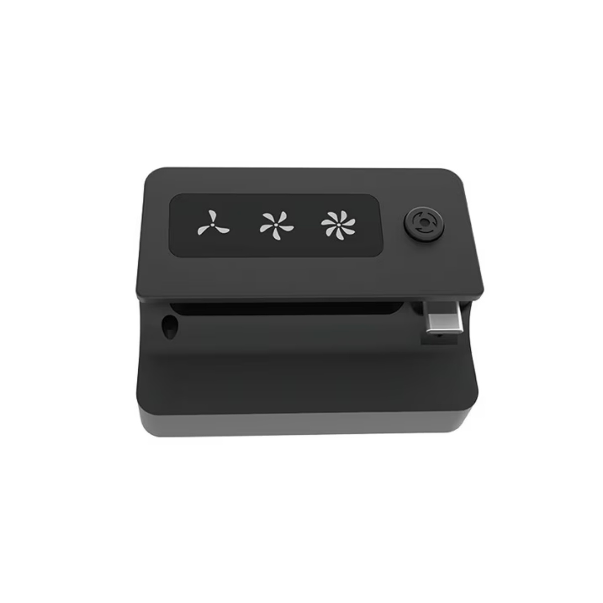 Schwarzes Gerät mit Lüftersymbolen, einem Knopf und USB-C-Anschluss.