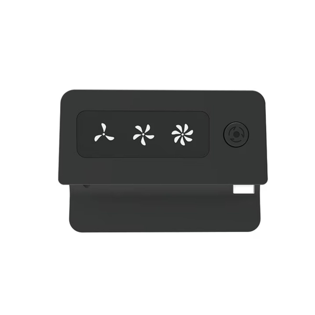 Schwarzes elektronisches Gerät mit Lüftersymbolen und einem runden Knopf.