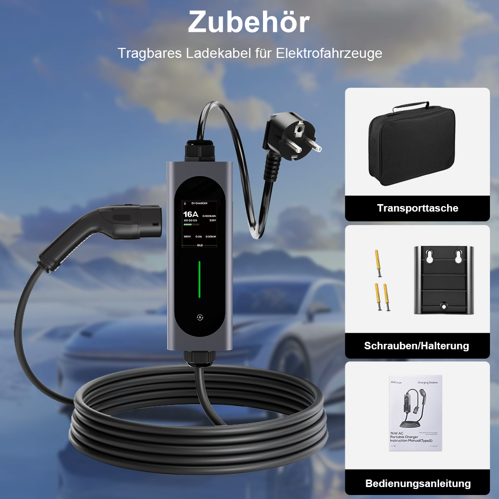 Tragbares EV-Ladekabel mit Zubehör: Tasche, Halterung, Schrauben, Anleitung.