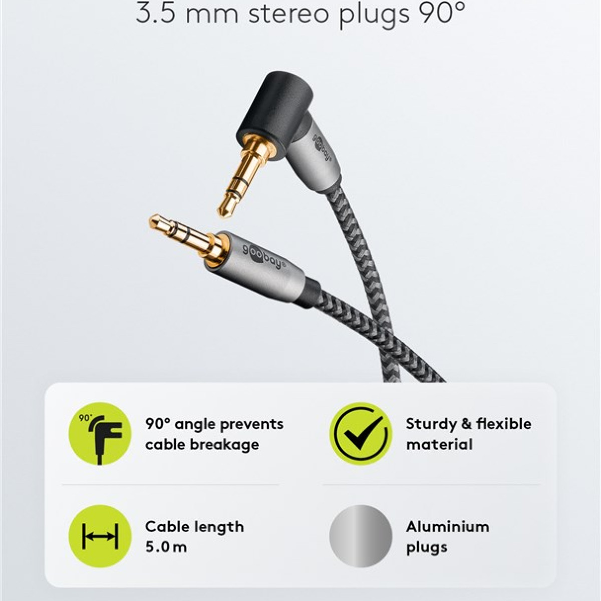Zwei 3,5-mm-Stereo-Stecker mit 90°-Winkel und geflochtenem Kabel.