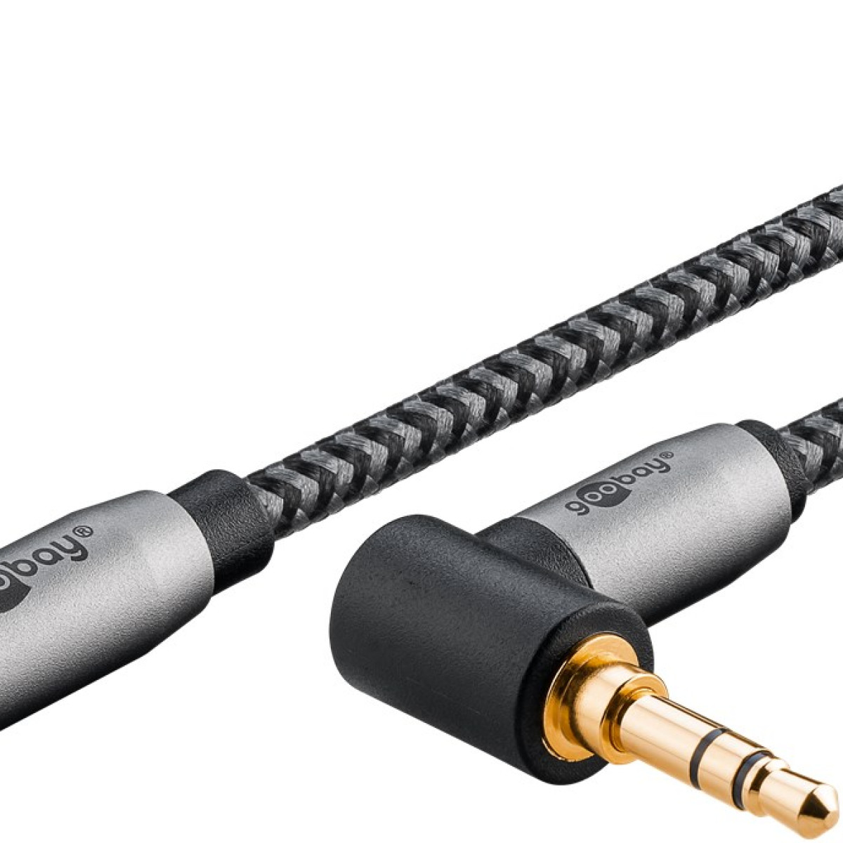 Ein silbernes und schwarzes Kabel mit 3,5-mm-Stecker in L-Form.