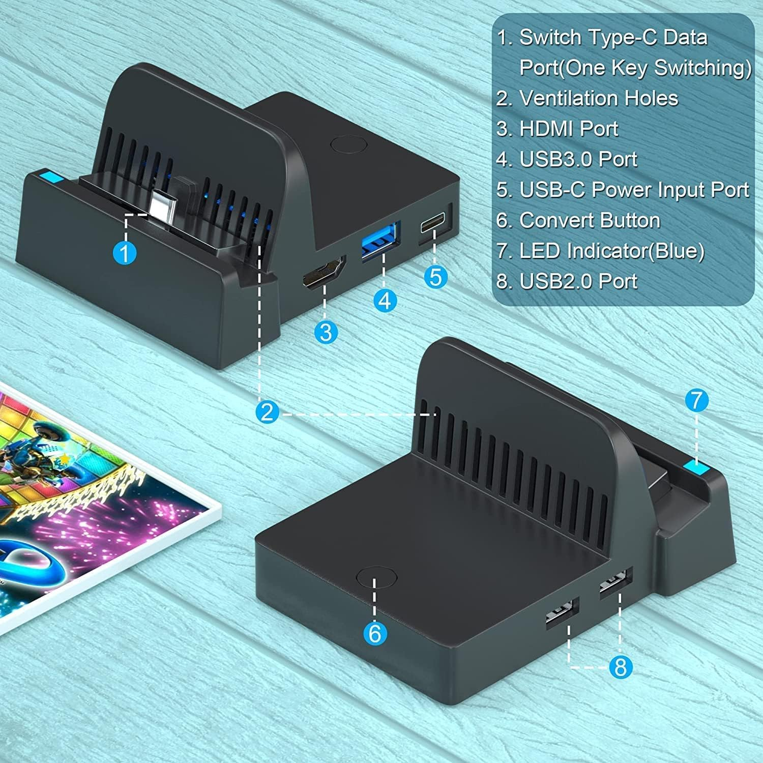 Schwarzer Lade-Dock mit Ports: USB-C, HDMI, USB 3.0, USB 2.0.