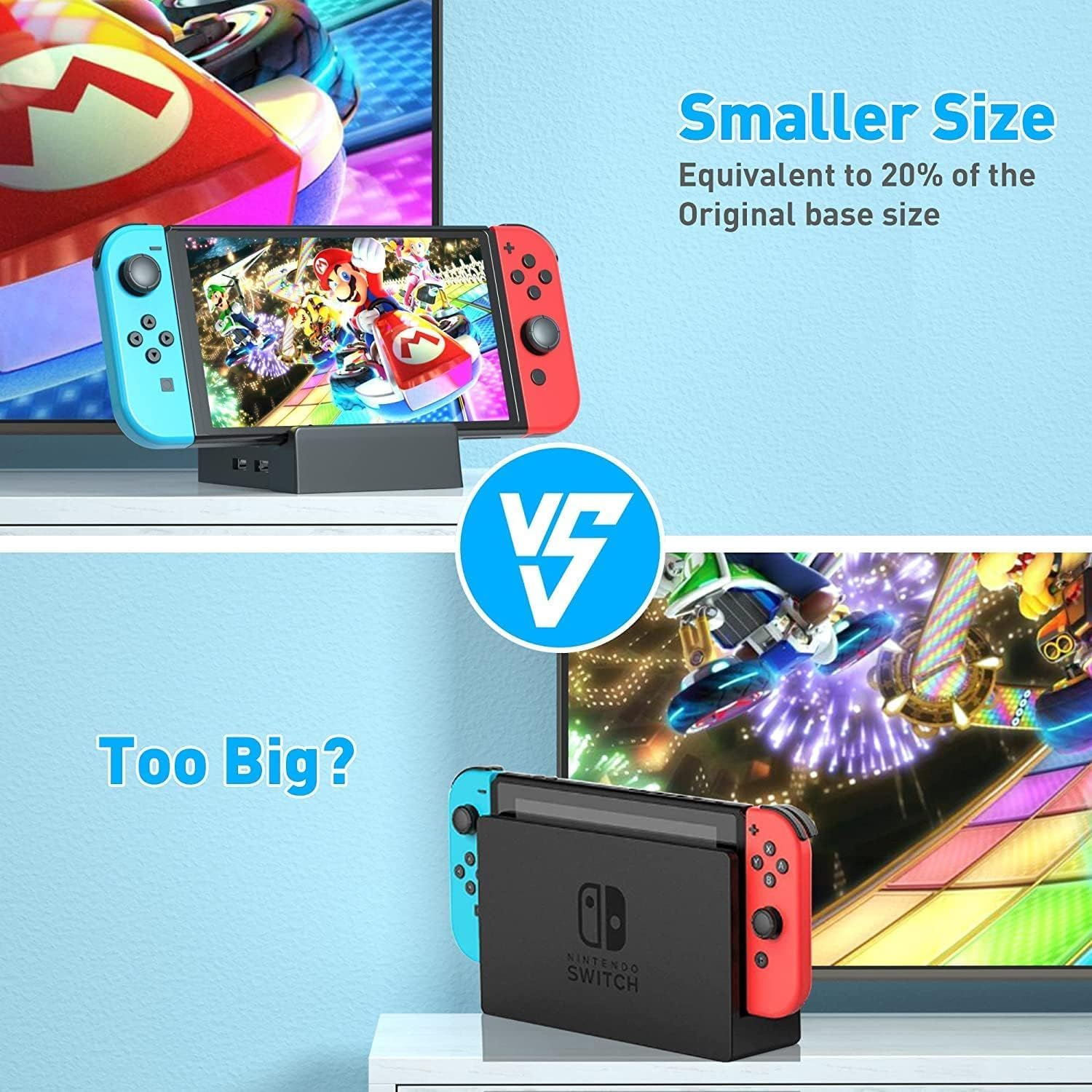 Nintendo Switch Konsole und Dock Vergleich: kleinere Größe vs Original.