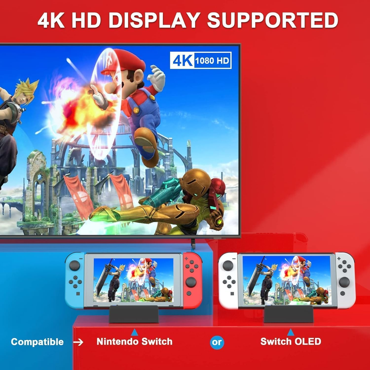Mario und Cloud kämpfen vor einer 4K-Anzeige, Nintendo Switch und OLED daneben.