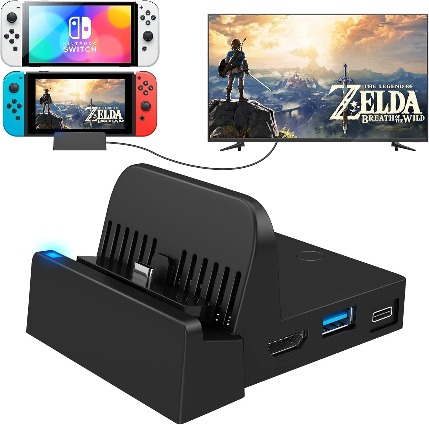 Nintendo Switch mit Dock, verbunden mit einem Fernseher, der Zelda zeigt.