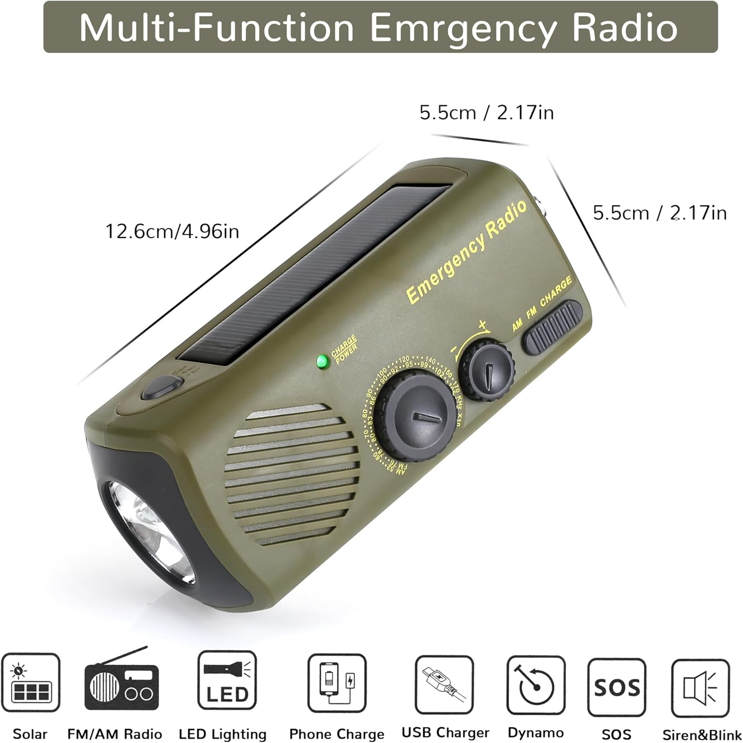Grünes Multifunktions-Notfallradio mit Solarpanel, LED-Licht und Abstimmknopf.