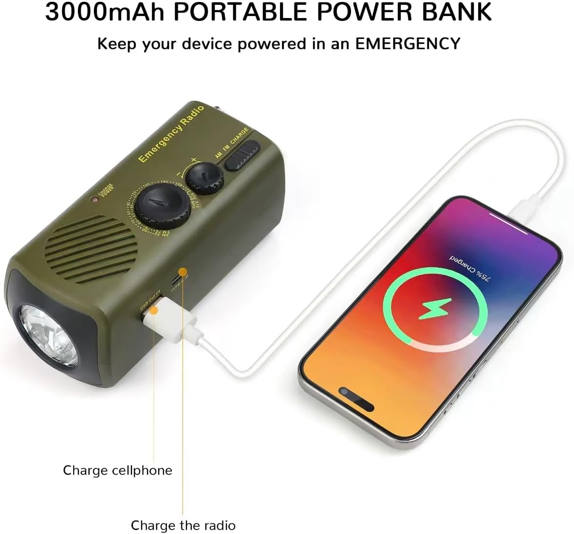 Ein grünes Notfallradio mit Taschenlampe lädt ein Smartphone auf.