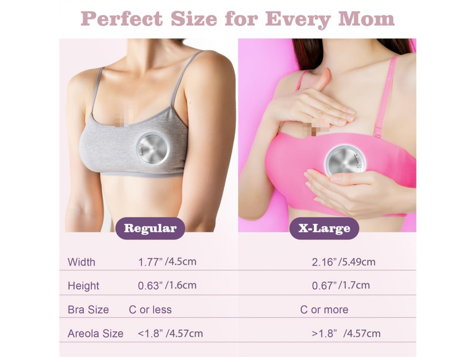 Vergleich von BH-Größen: Regular (grau) und X-Large (pink) mit Maßen.