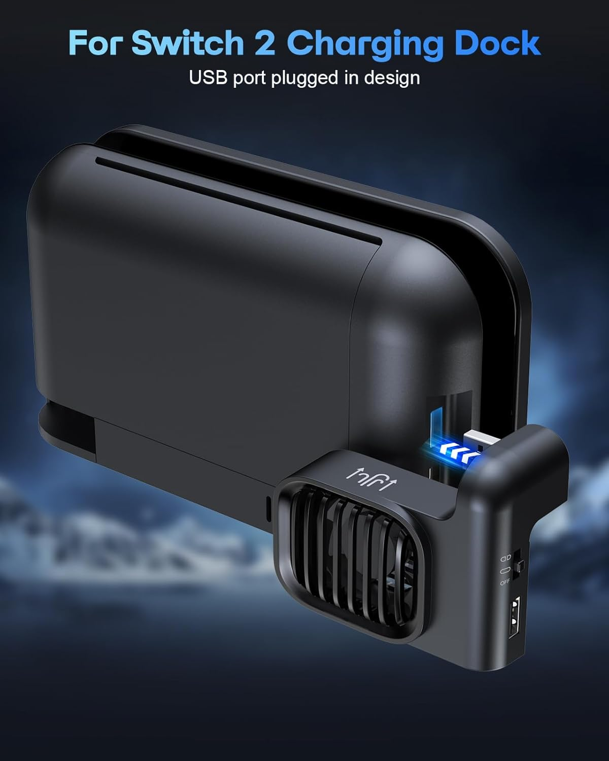Schwarzer Lade-Dock mit Lüfter und USB-Anschlüssen für Switch 2.
