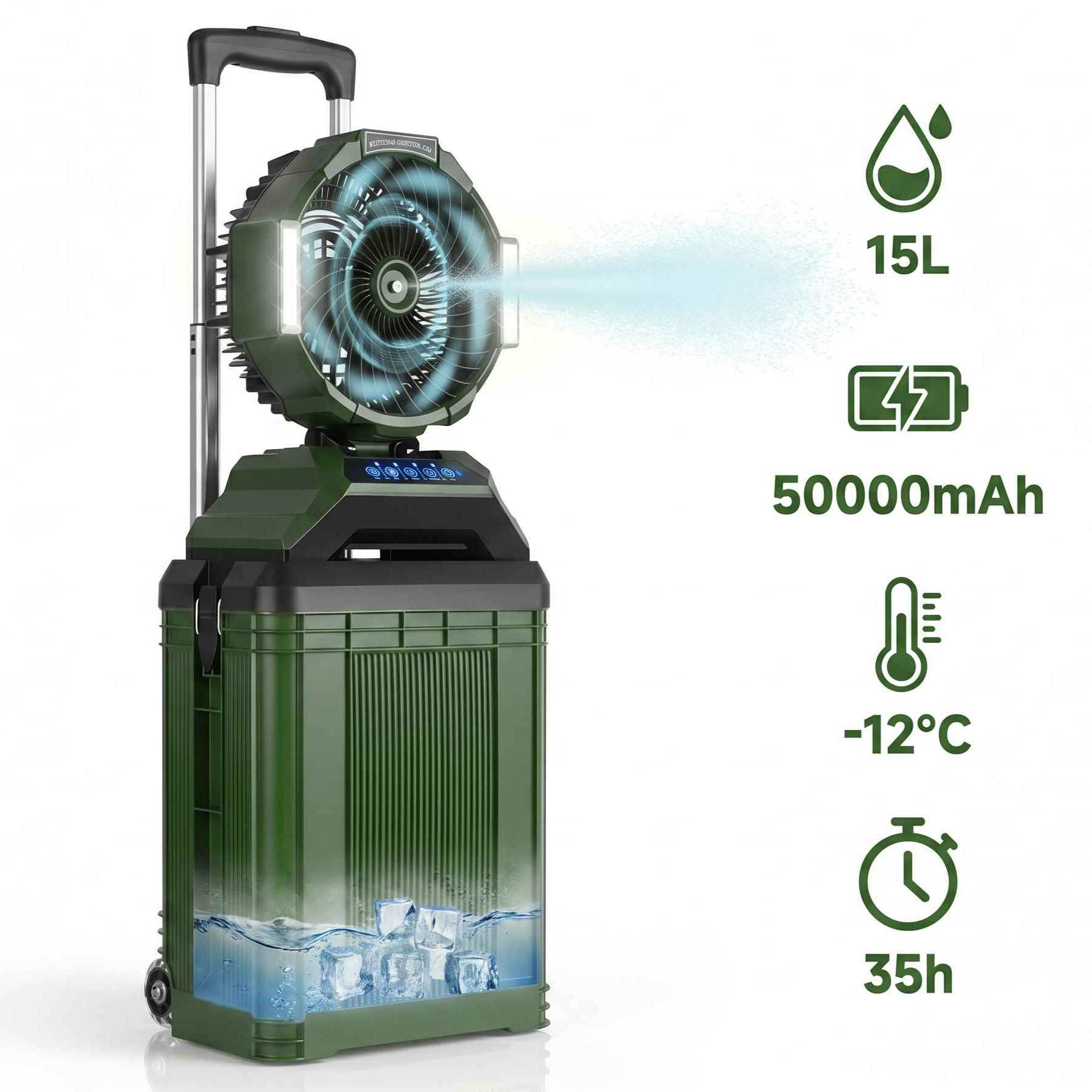 Grüner Verdampferlüfter mit Rollen, 15L Tank, 50000mAh Akku, 35h Laufzeit.