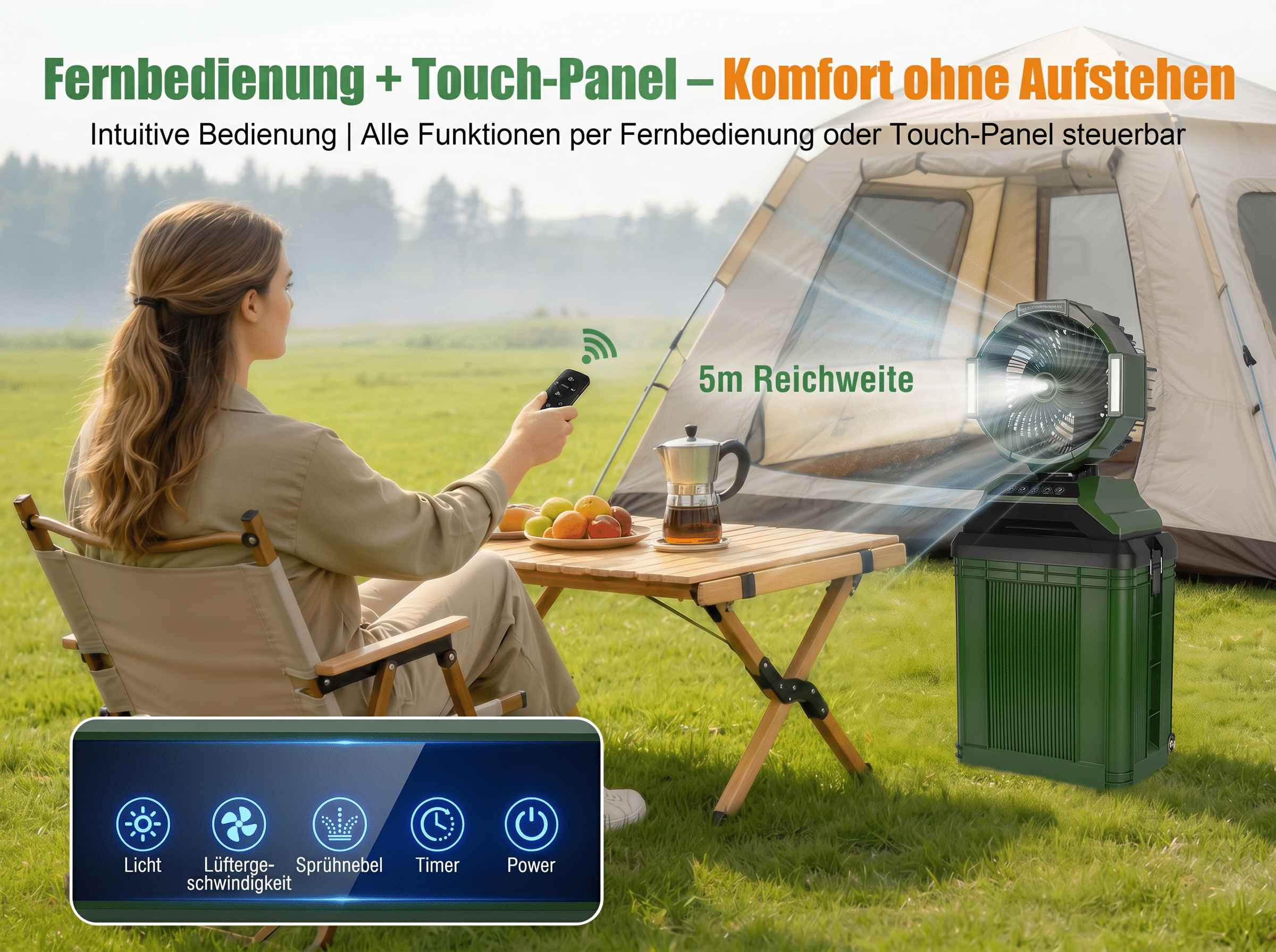 Frau im Freien bedient Lüfter mit Fernbedienung neben Zelt und Tisch.