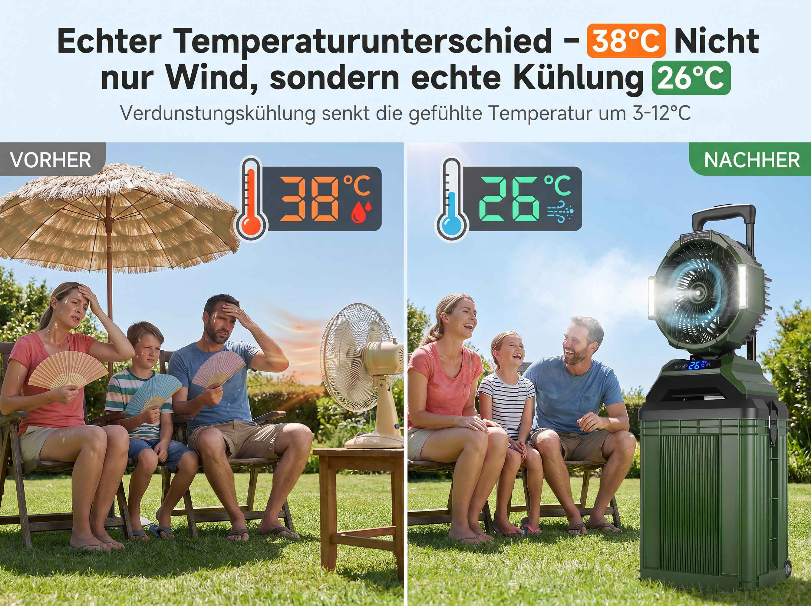 Vorher: Familie schwitzt bei 38°C. Nachher: Familie lacht bei 26°C mit Kühler.