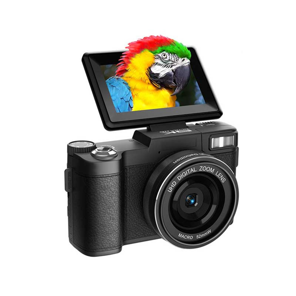 Eine schwarze Digitalkamera mit einem hochgeklappten Bildschirm, auf dem ein Papagei zu sehen ist.