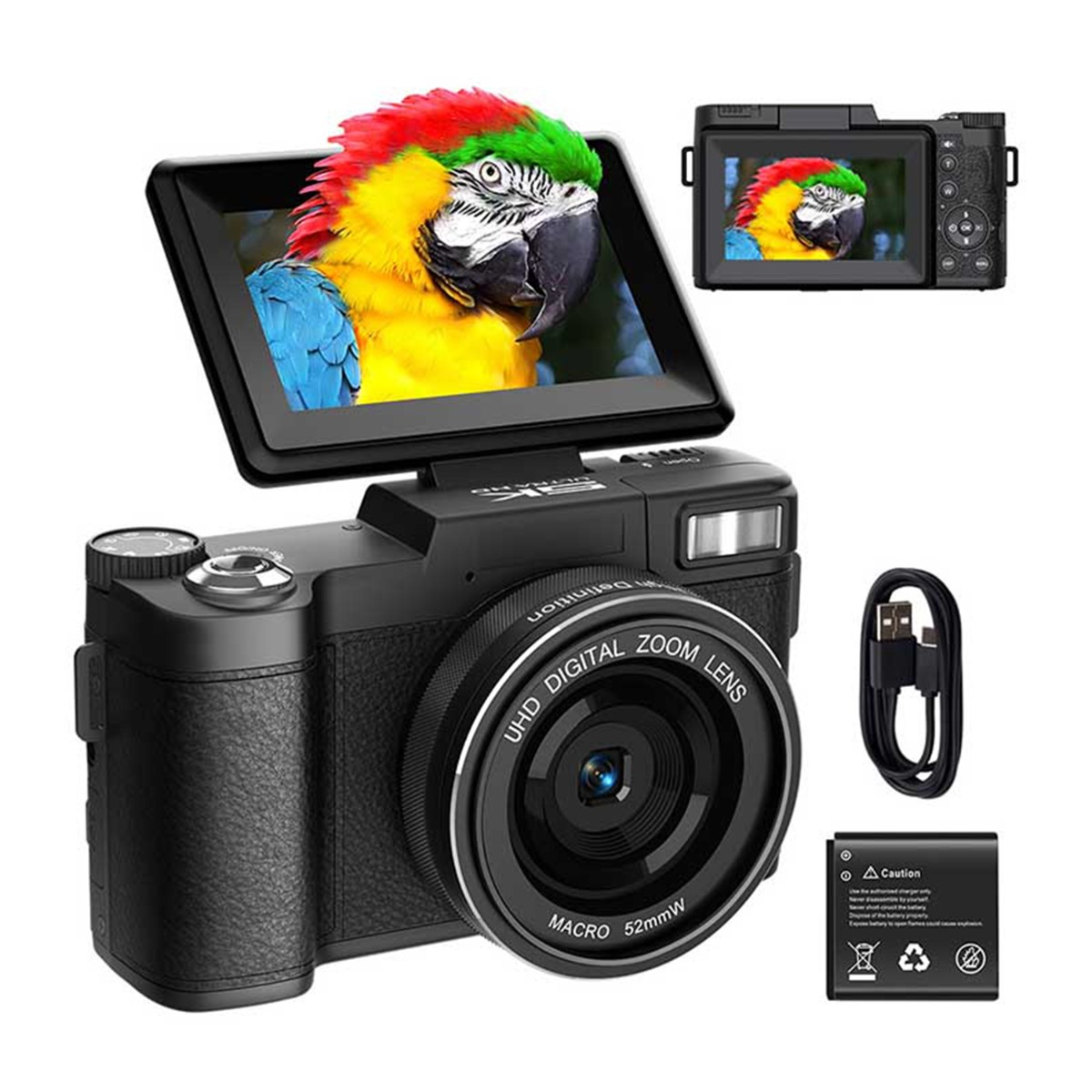 Eine schwarze Digitalkamera zeigt einen bunten Papagei auf ihrem Bildschirm. Batterie und Kabel liegen daneben.