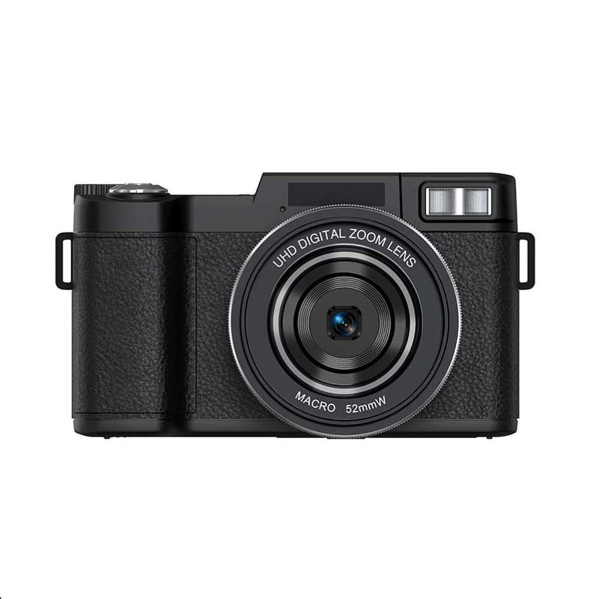 Eine schwarze Digitalkamera mit Zoomobjektiv und Blitz auf weißem Hintergrund.