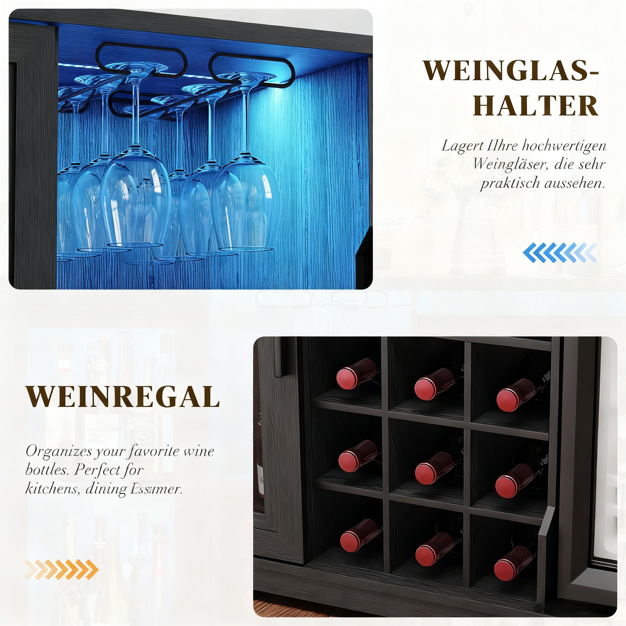 Ein Weinregal mit Flaschen und ein Weinglashalter mit Gläsern unter blauem Licht.