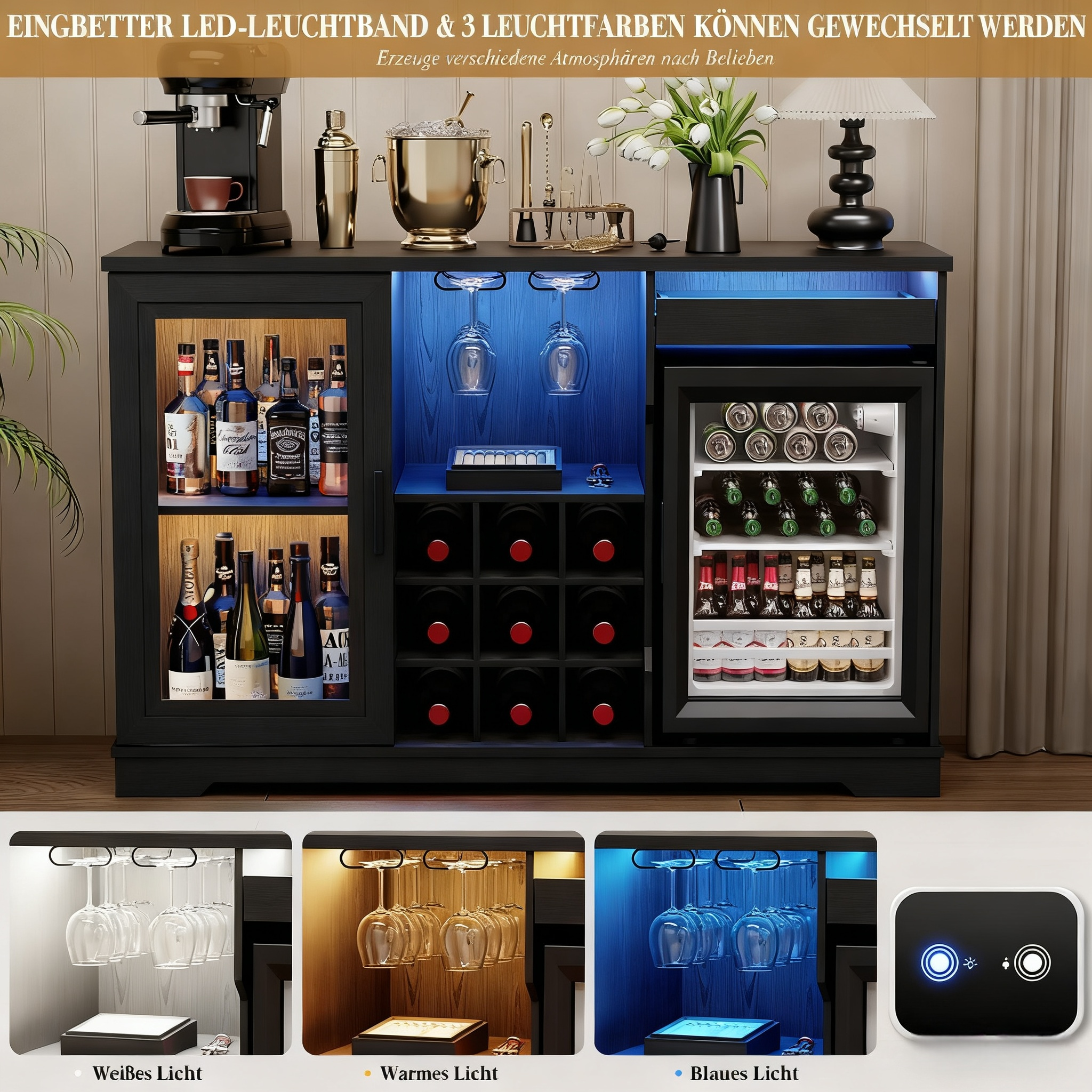 Schwarzer Barwagen mit Flaschen, Gläsern, Kaffeemaschine, Eisbehälter und LED-Beleuchtung.