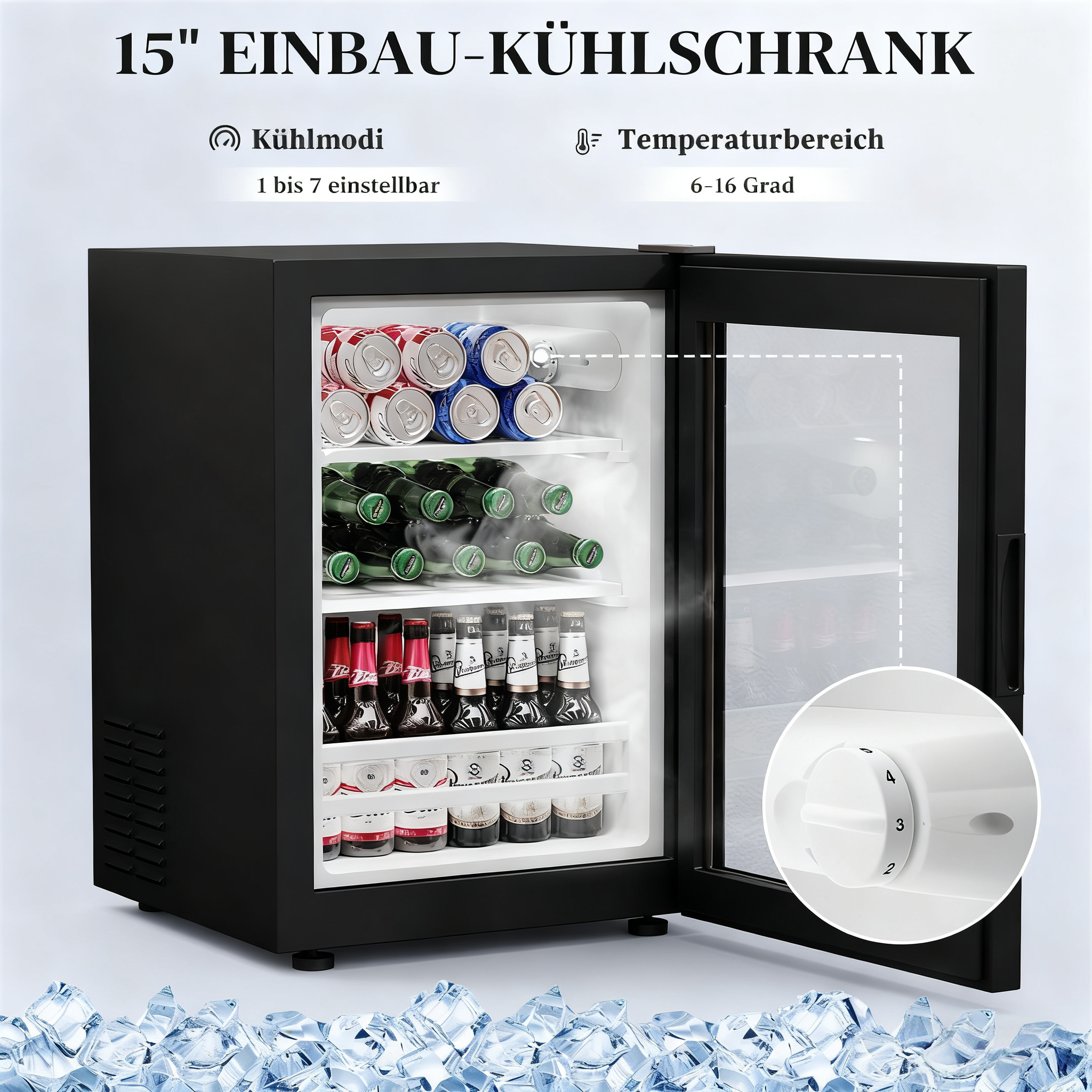 Einbaukühlschrank mit Getränken, Kühlmodi und Temperaturregler.